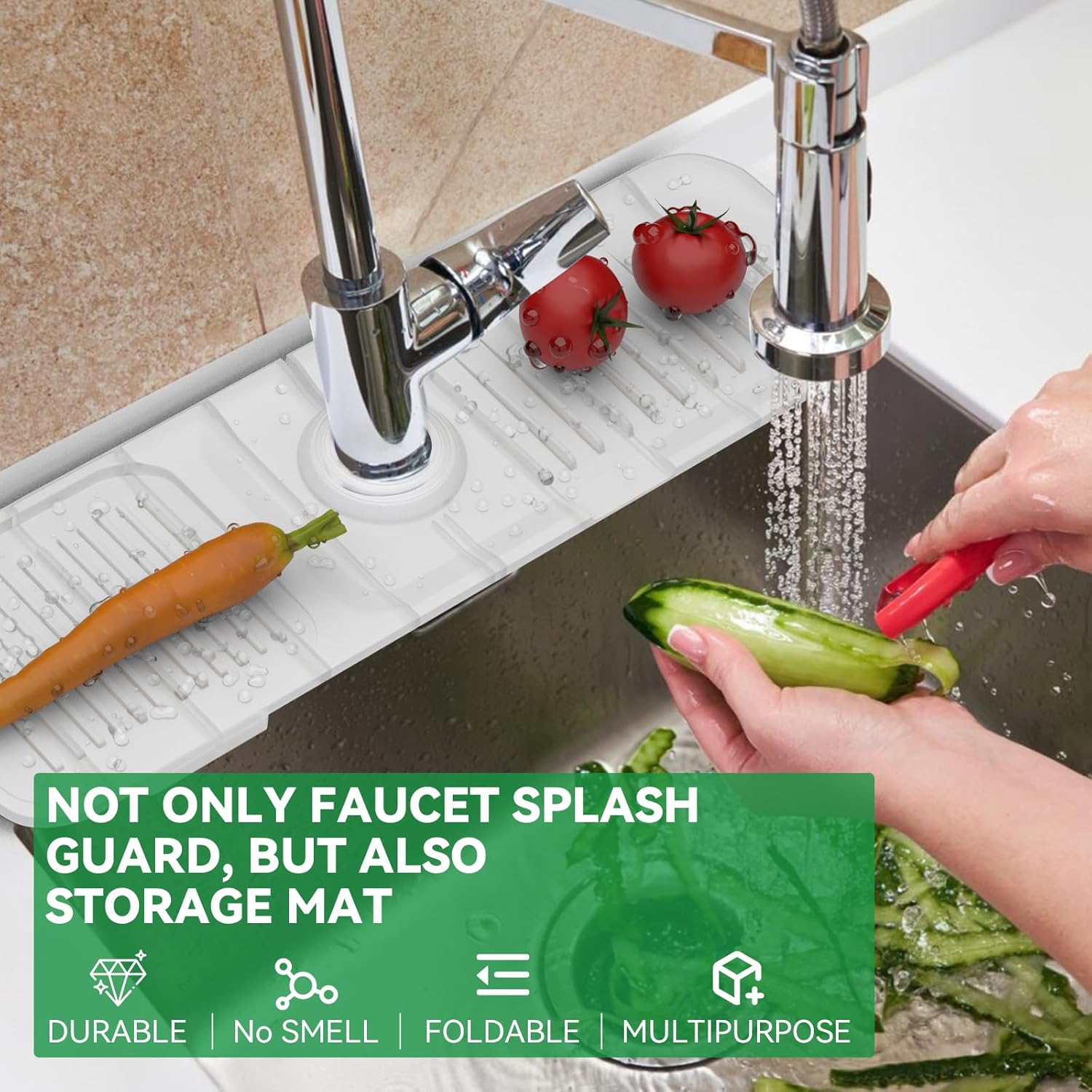 Protector contra salpicaduras para fregadero de cocina de 17.7 x 5.5 pulgadas, bandeja de recogedor de goteo con mango de grifo Toovem, alfombrilla