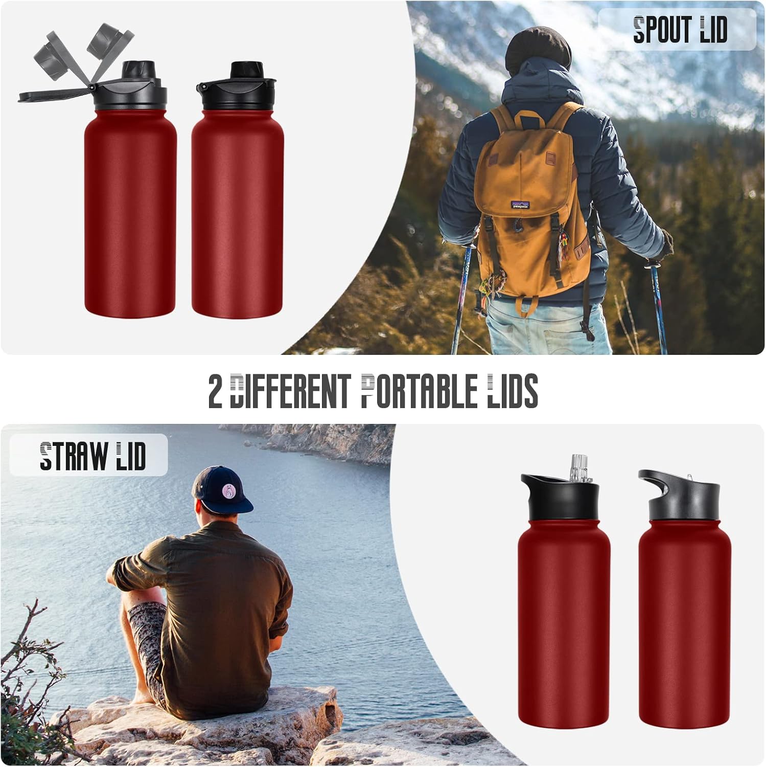 VQRRCKI Botella de agua aislada de 32 onzas con tapa de popote y tapas de boca ancha, botellas de agua deportivas de acero inoxidable, vacío de
