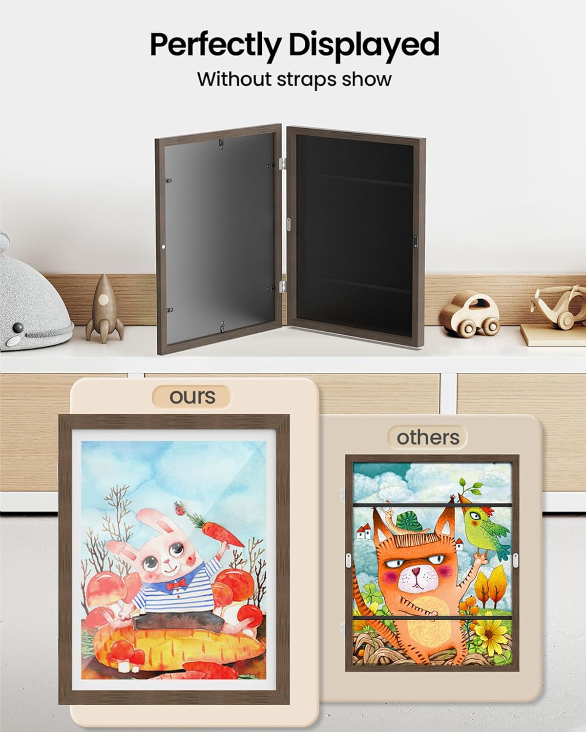 BAIJIALI Marcos de arte marrón para obras de arte infantiles, apertura frontal con capacidad para 150 dibujos, manualidades 3D, 2 paquetes de 8.5 x
