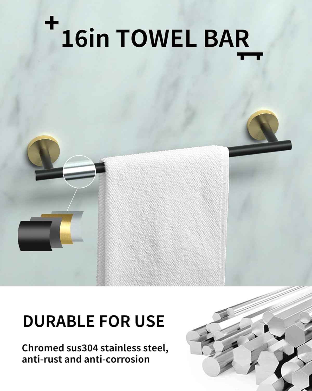 Juego de toallas de baño, juego de accesorios de baño negro y dorado, 12 piezas de accesorios de baño de acero inoxidable, incluye 2 toalleros de 16