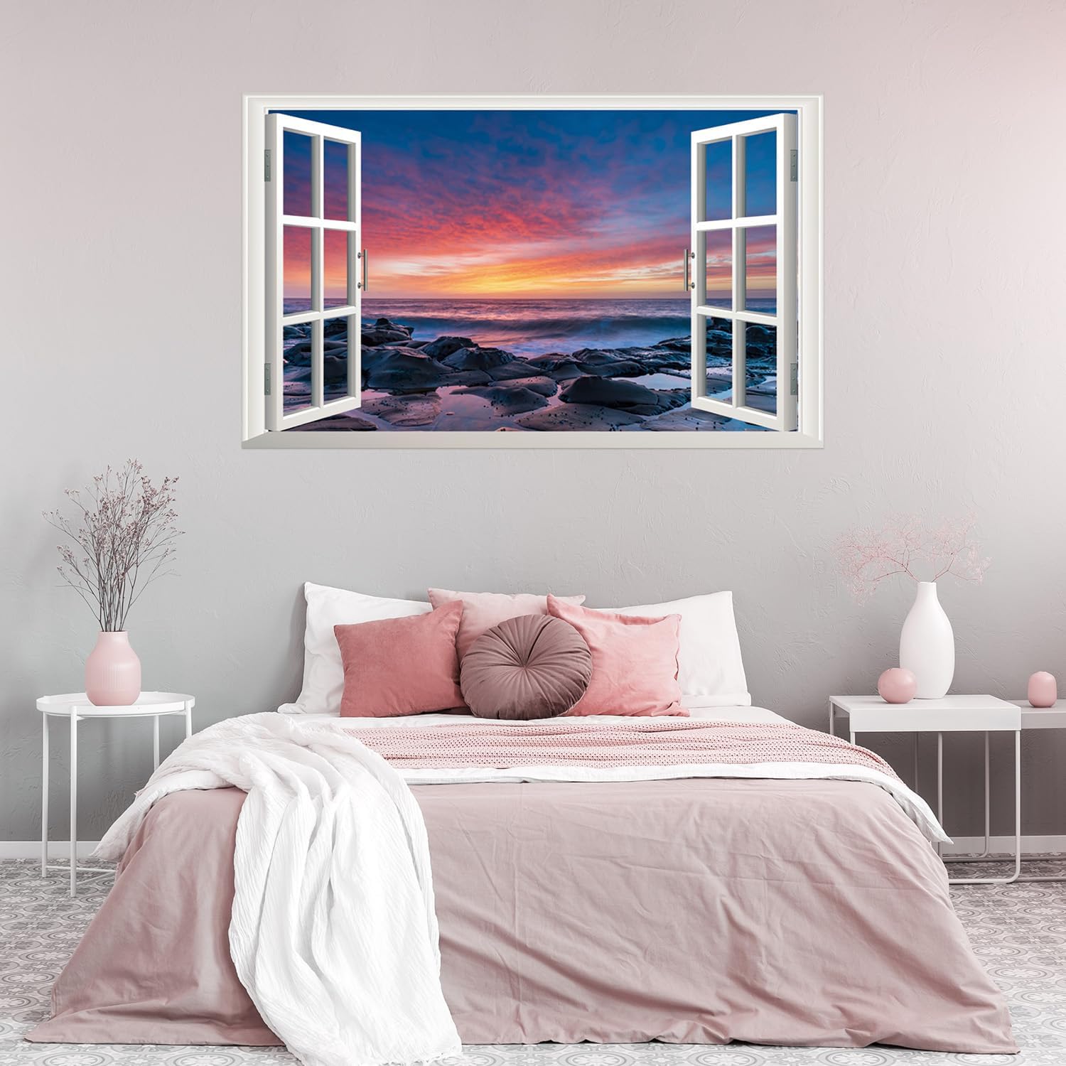 Calcomanía de pared de paisaje marino de playa, despegar y pegar, puesta de sol, ventana falsa 3D, naturaleza, océano, paisaje, vista de ventana,