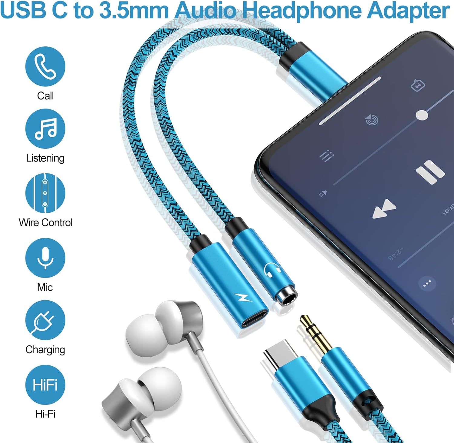 Cable de alimentación USB tipo C de 60 W rápido Samsung y adaptador de auriculares de 0.138 in para Samsung Galaxy S24 S23 Ultra S22 S21 FE S20 A54