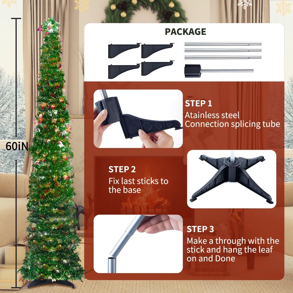 Árbol de Navidad desplegable de 5 pies con soporte, árbol de Navidad artificial plegable, árboles de Navidad de lentejuelas fáciles de montar y