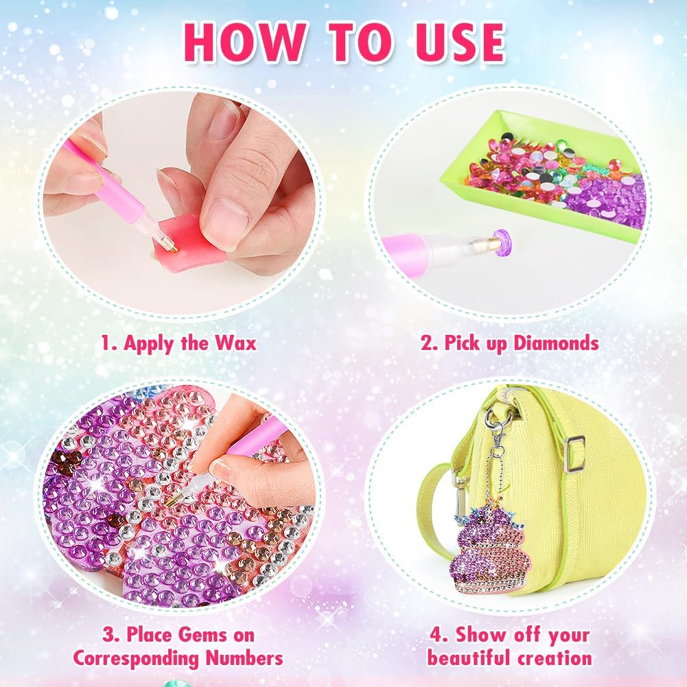 Kits de llaveros de diamante 5D para niños, 6 piezas de artes y manualidades para niños de 8 a 12 años, pintura por números para decoración de