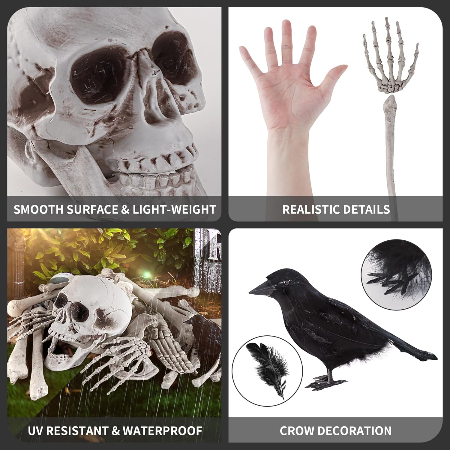 Decoraciones de Halloween 28 piezas de huesos de esqueleto y calavera con cuervo para decoración al aire libre, aterradores rompedores para