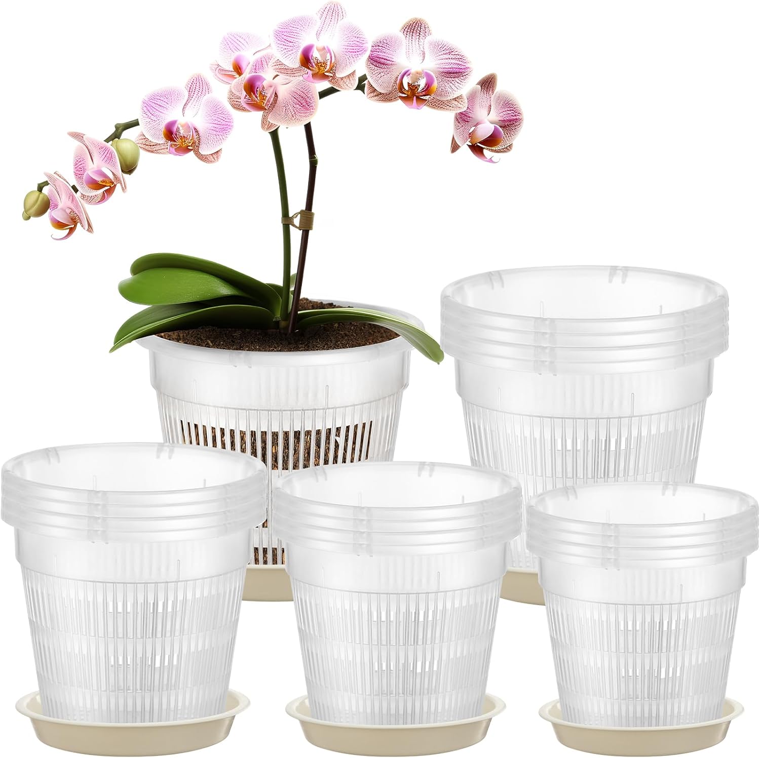 Macetas de orquídeas de 4.55.567.5 pulgadas con agujeros y platillos, macetas de plástico transparente para jardín, trasplante de orquídeas, macetas