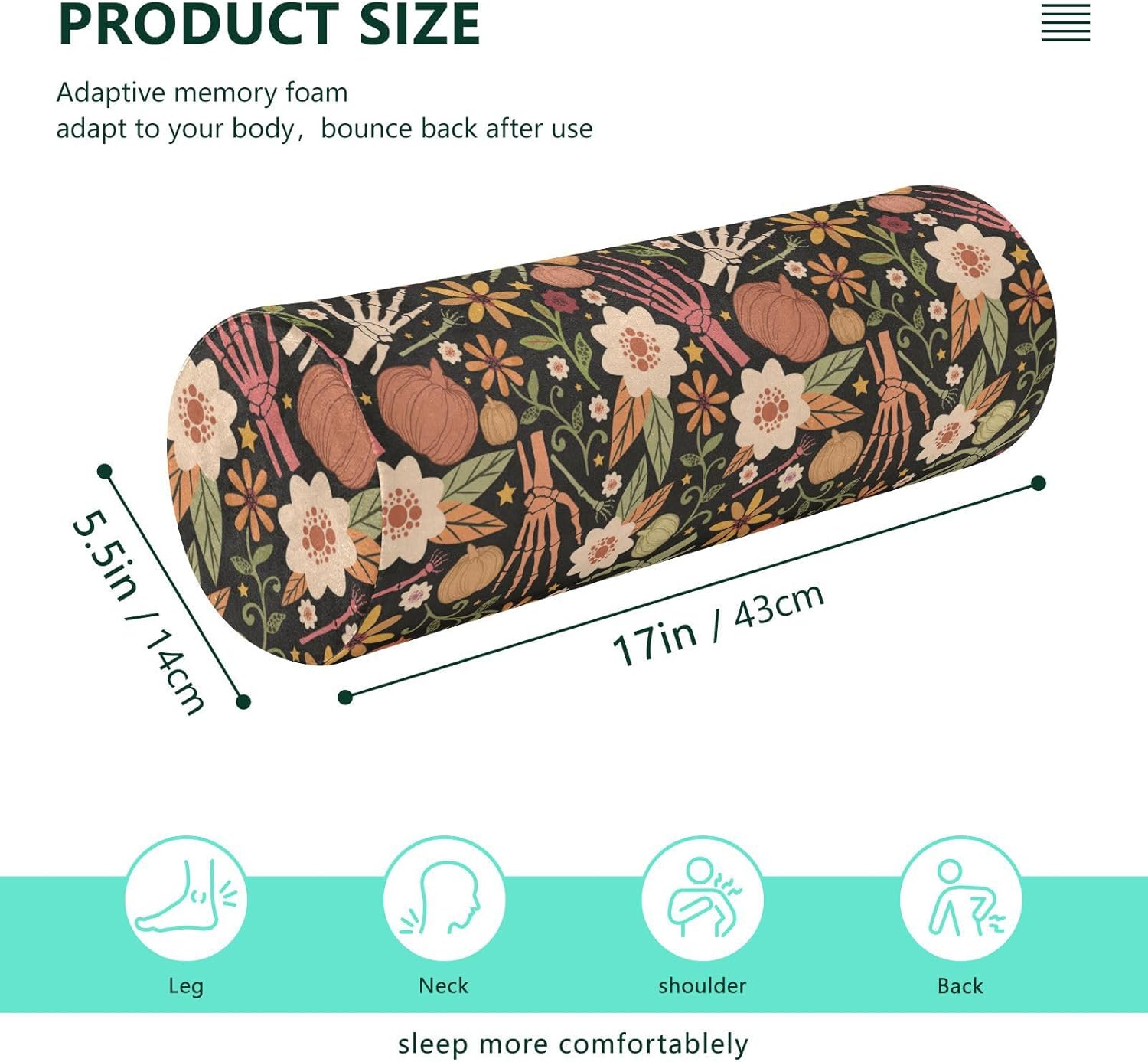 Almohada de almohada floral de huesos de Halloween para piernas, almohada de espuma para el cuello, almohada redonda, almohadas cilíndricas, soporte