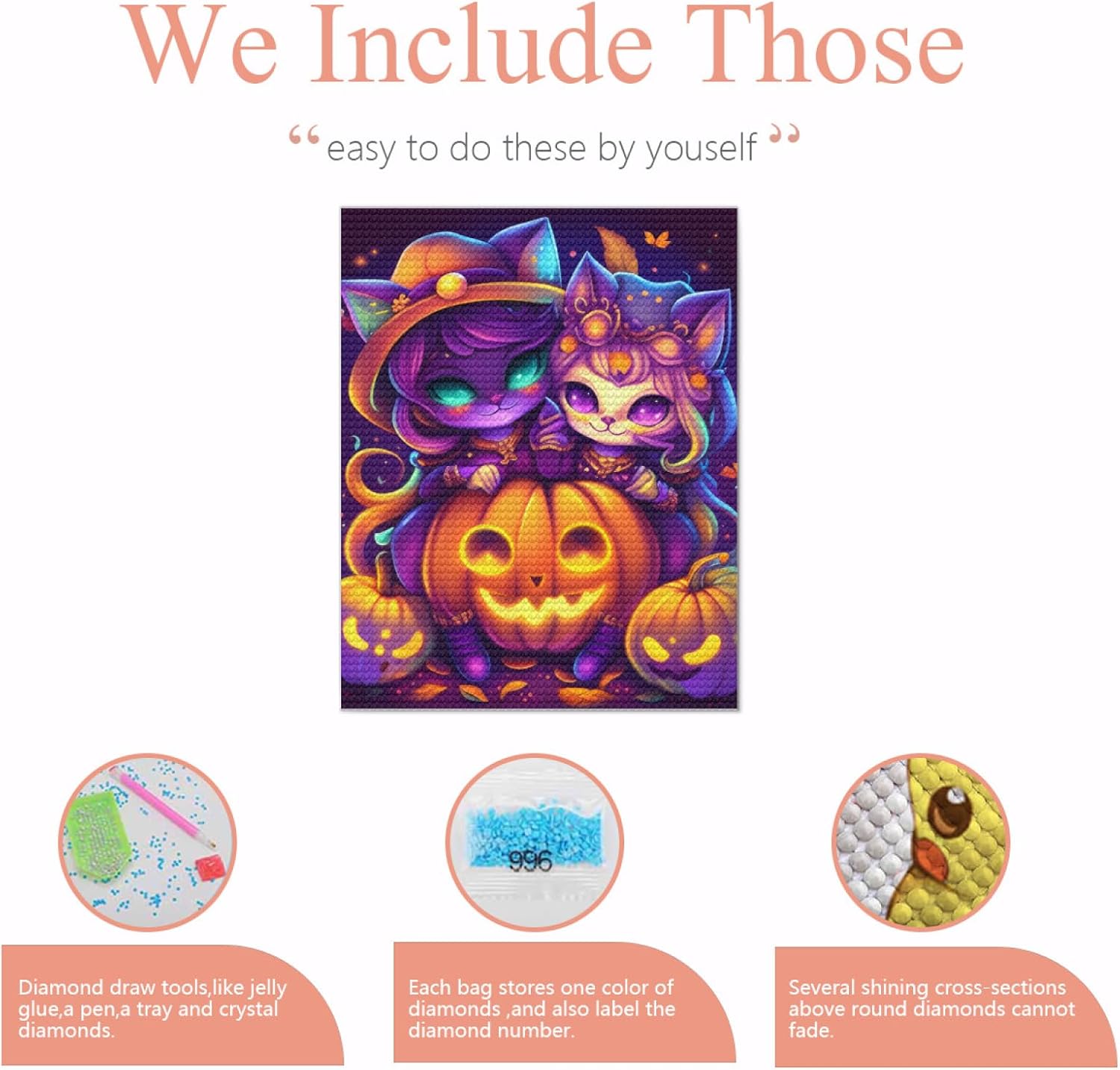 Afusvoe Kit de pintura de diamante de calabaza de Acción de Gracias de otoño para adultos principiantes, muñeca de oreja de gato, kit de arte de