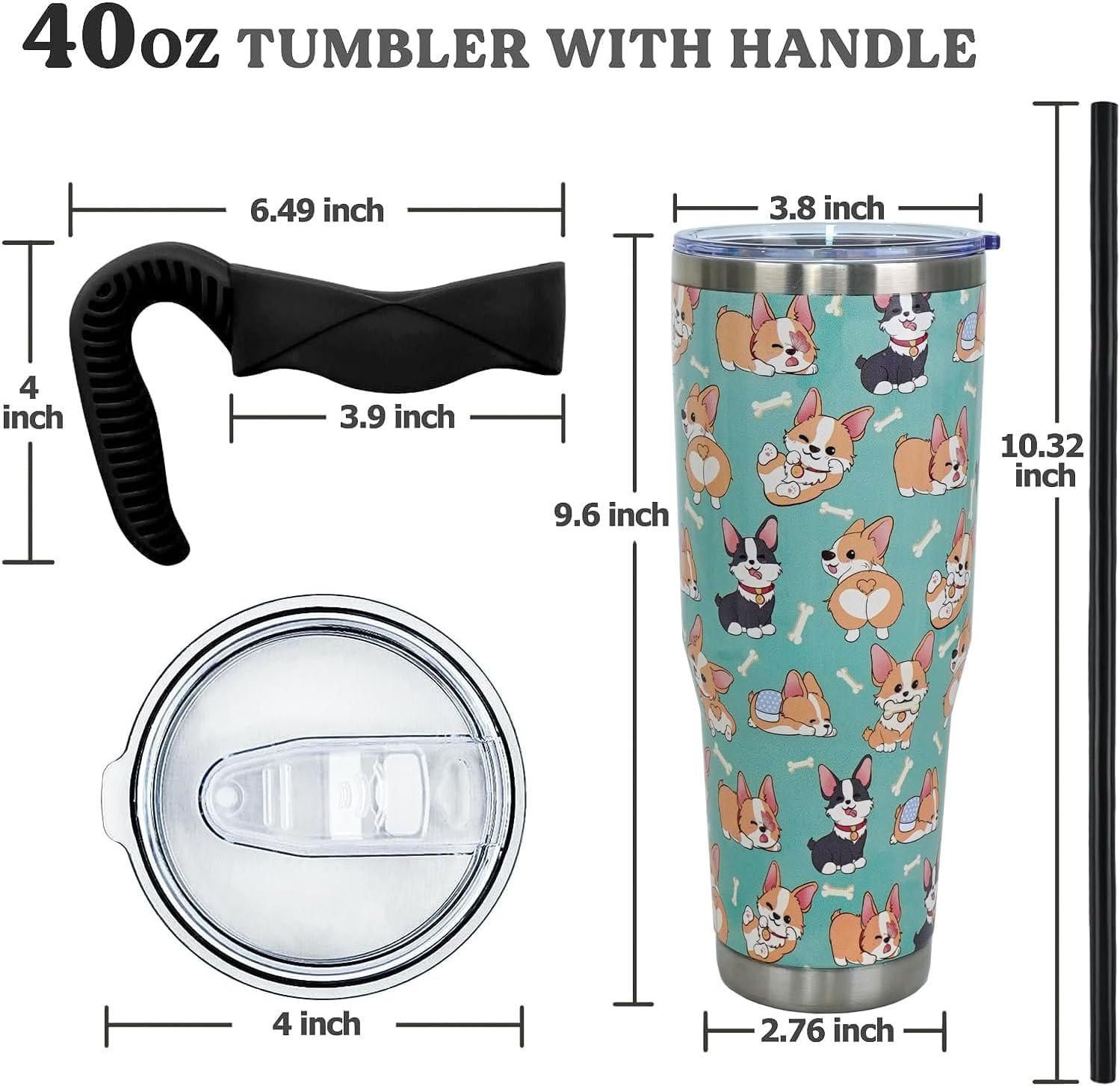 Vaso de 40 onzas con asa y pajita, botella de agua Corgi Stuff de acero inoxidable con aislamiento de Corgi, taza de viaje de café Corgi, regalos