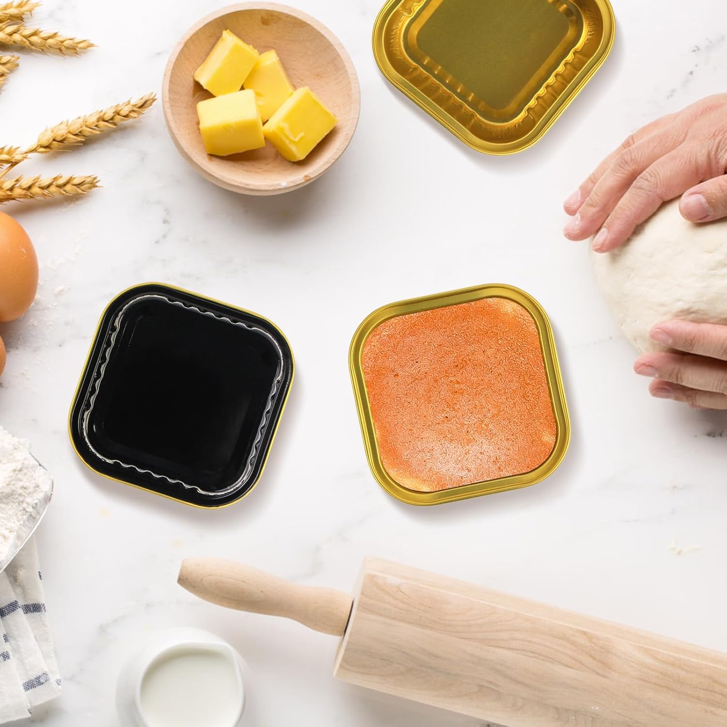 Mini moldes para pasteles de 5 onzas con tapas, papel de aluminio, 50 juegos150 unidades, 150 unidades, tazas cuadradas de 5.1 fl oz, forros para