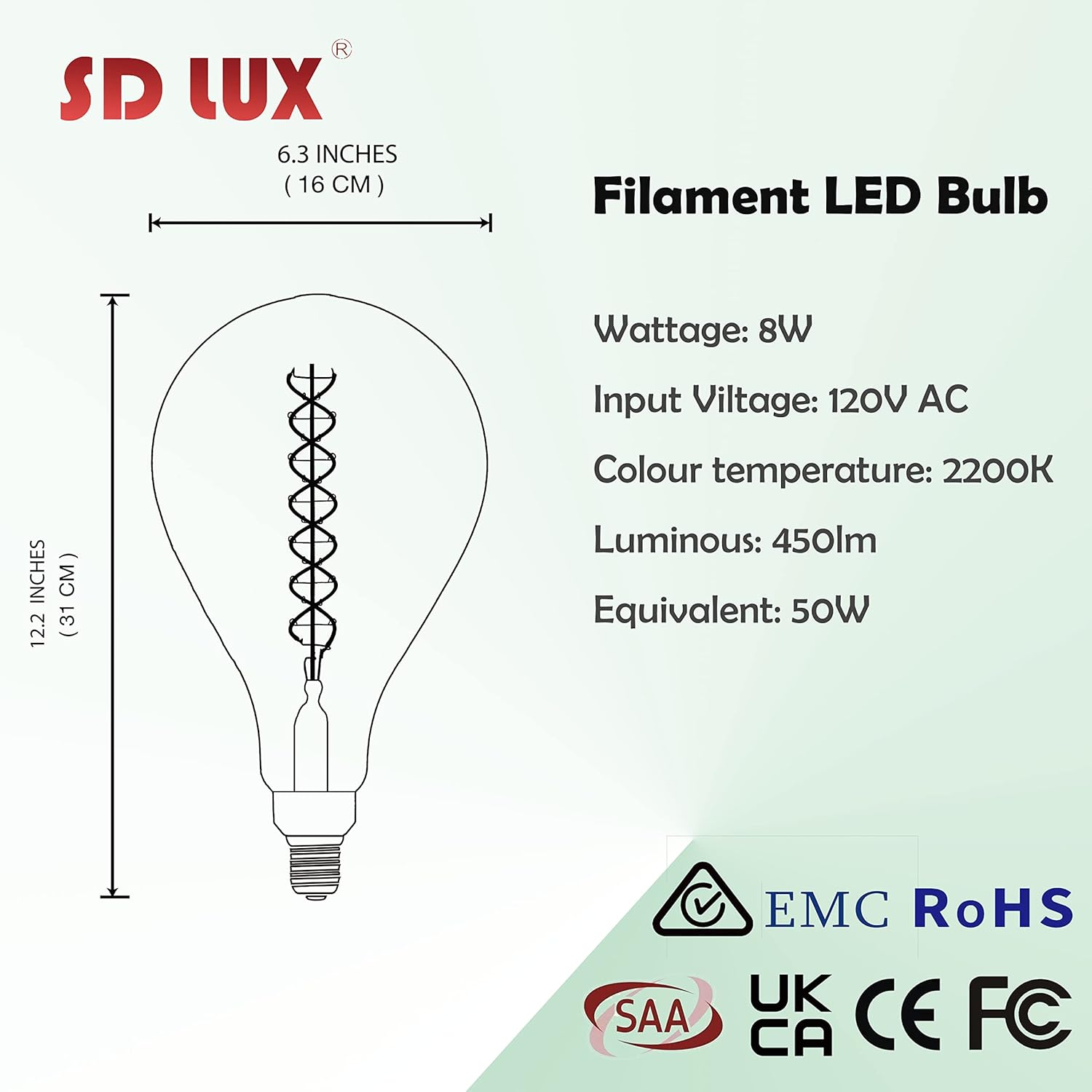 SD LUX Bombillas LED vintage de gran tamaño de 8 W, base media E26, bombilla Edison gigante PS52(PS160), bombillas decorativas grandes, regulables,