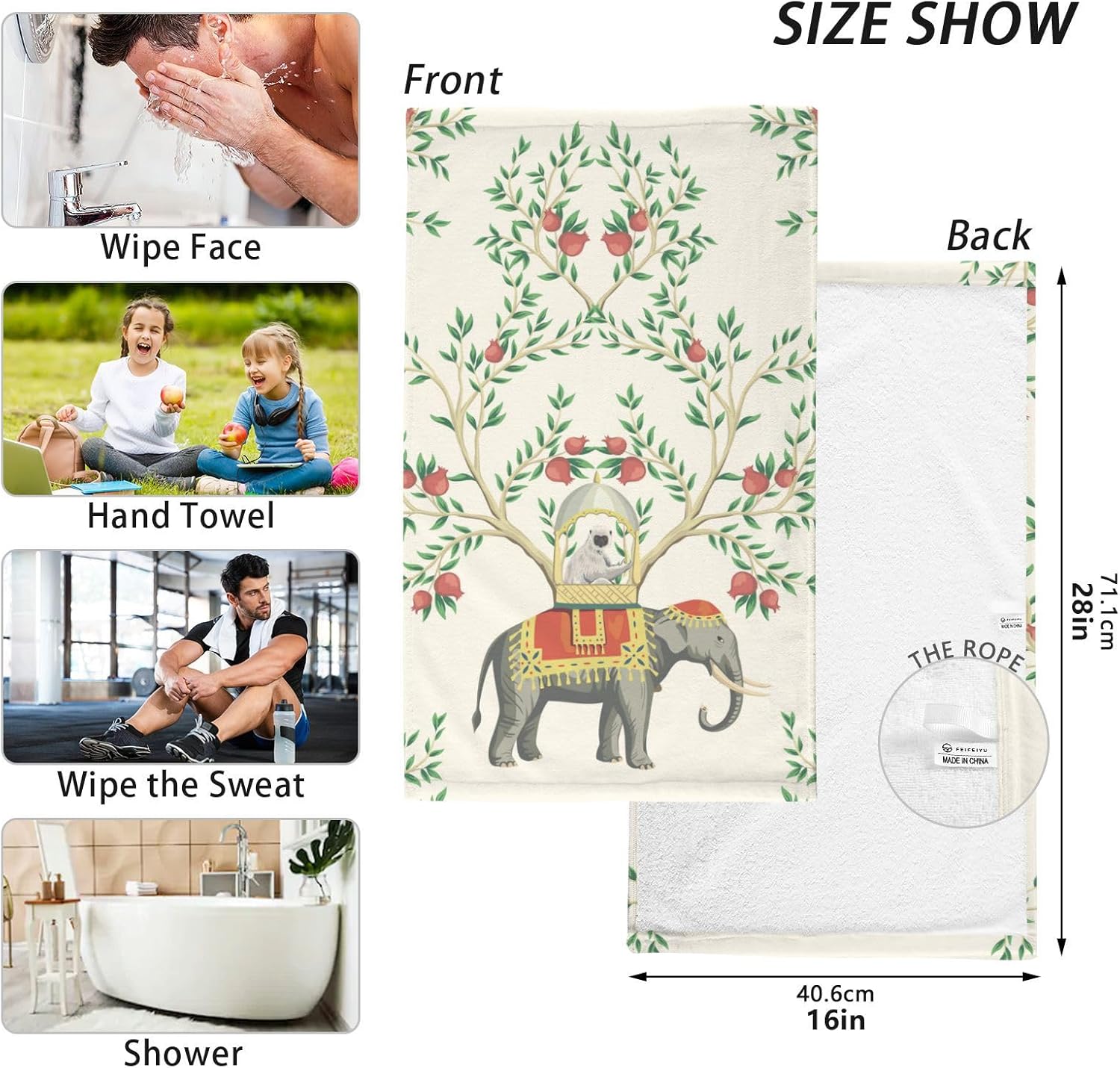 susiyo Chinoiserie Elephant – Toallas de mano de 100 % algodón para baño, 16 x 28 pulgadas