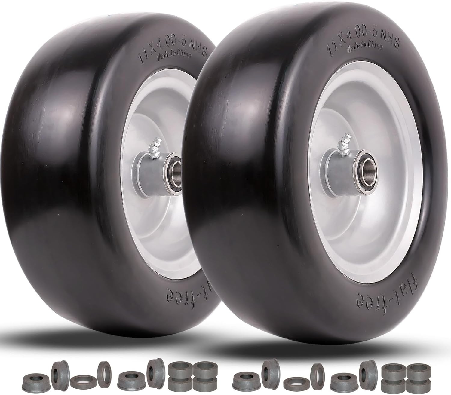 Neumáticos para cortacésped de 11 x 4.00-5 sin planos, neumáticos lisos y ruedas con rodamientos de precisión de 34 pulgadas o cubo centrado de 58