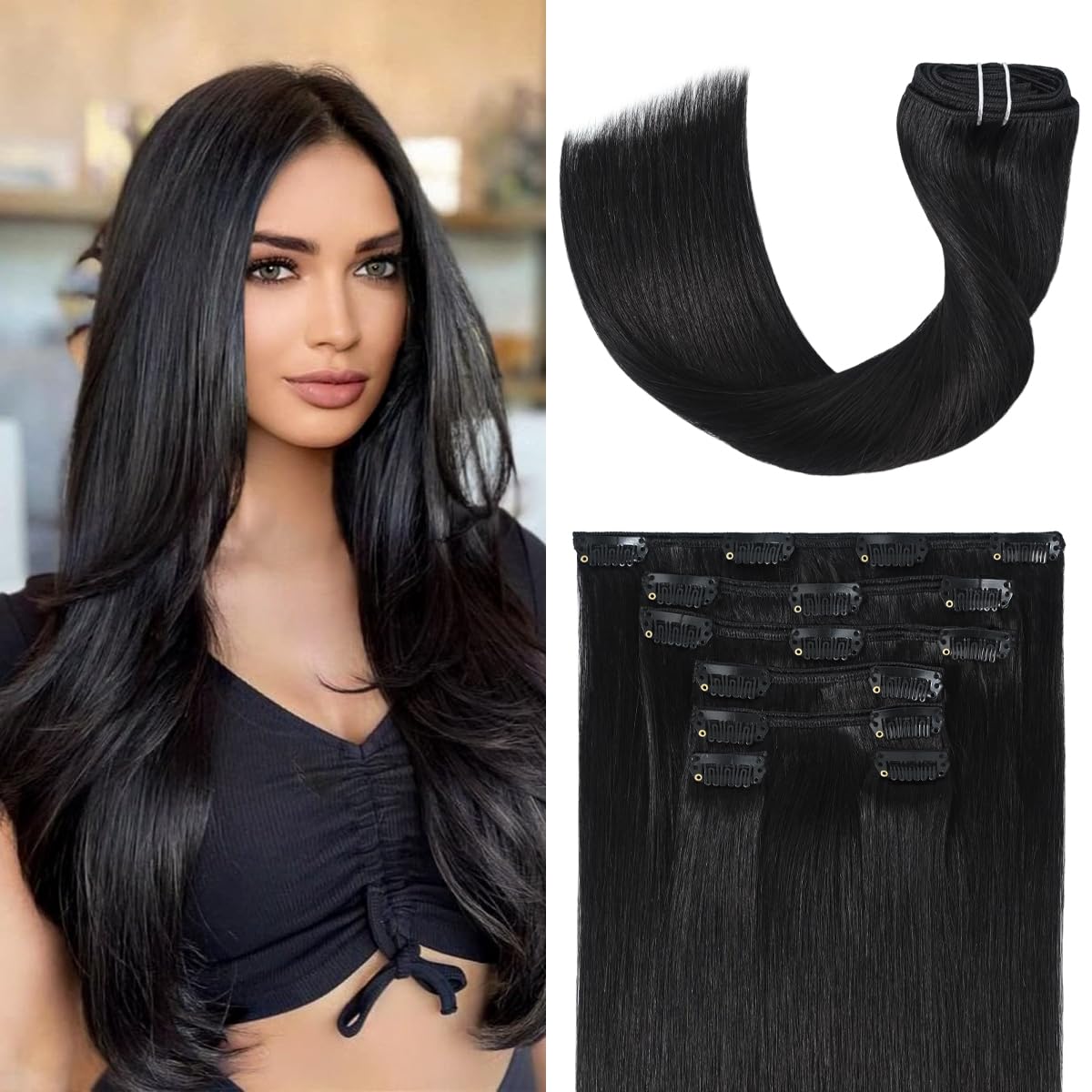 UGOTRAYS Extensiones de cabello humano real con clip, 2.47 oz, 18 pulgadas, 100% cabello humano Remy, color negro natural, lacio, doble trama para