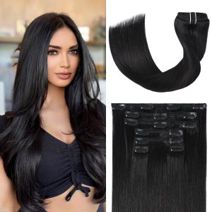 UGOTRAYS Extensiones de cabello humano real con clip, 2.47 oz, 18 pulgadas, 100% cabello humano Remy, color negro natural, lacio, doble trama para UGOTRAYS Extensiones de cabello humano real con clip, 2.47 oz, 18 pulgadas, 100% cabello humano Remy, color negro natural, lacio, doble trama para