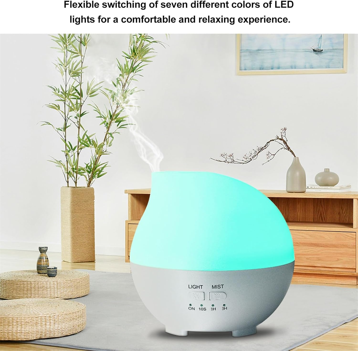 Difusor ultrasónico de aromaterapia, 7 luces LED de color, operación silenciosa, diseño portátil, capacidad del tanque de agua de 10.1 fl oz