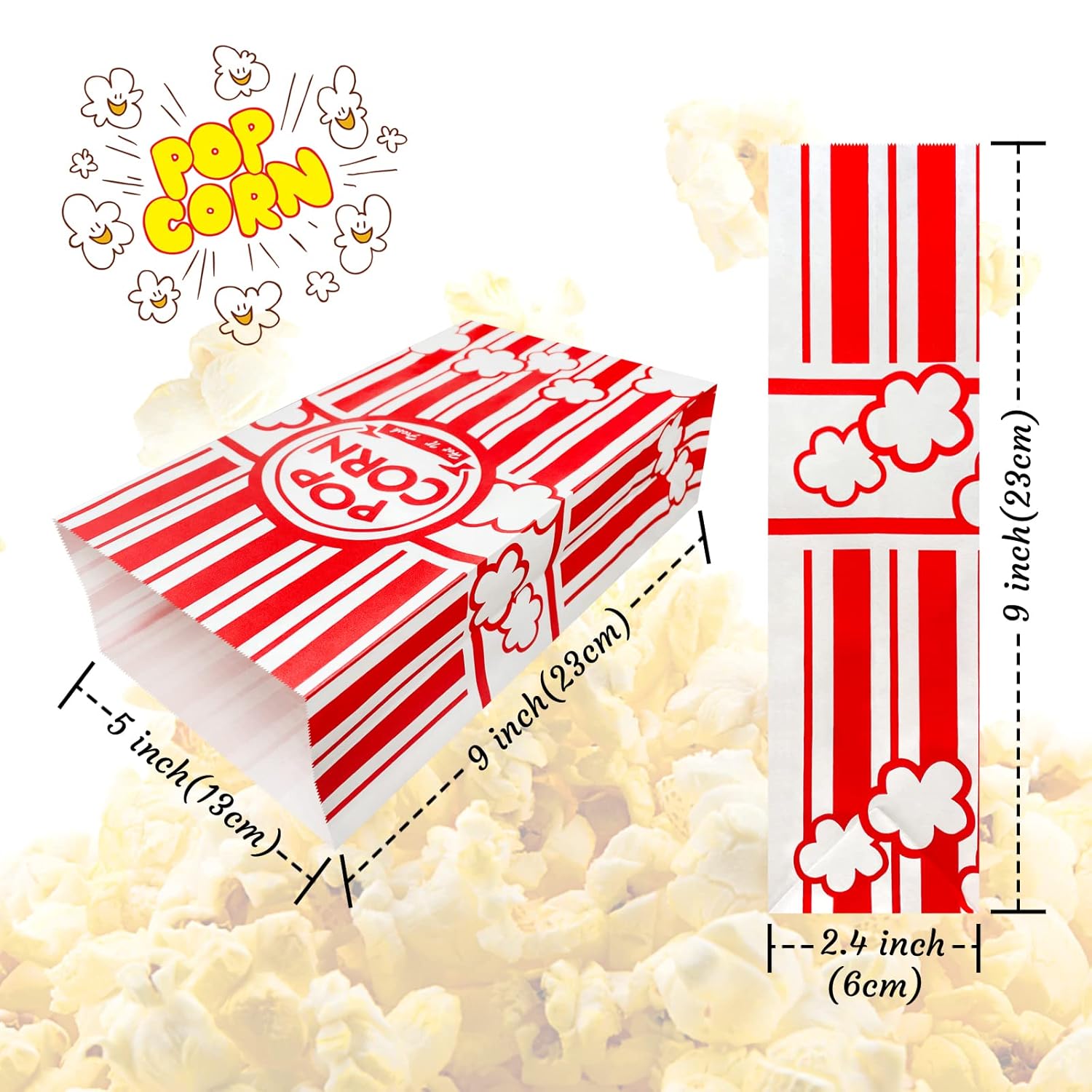50 bolsas de palomitas de maíz de fondo plano, bolsas de papel de 2 onzas para la familia, noche de película, béisbol, carnaval, Navidad, fiesta de
