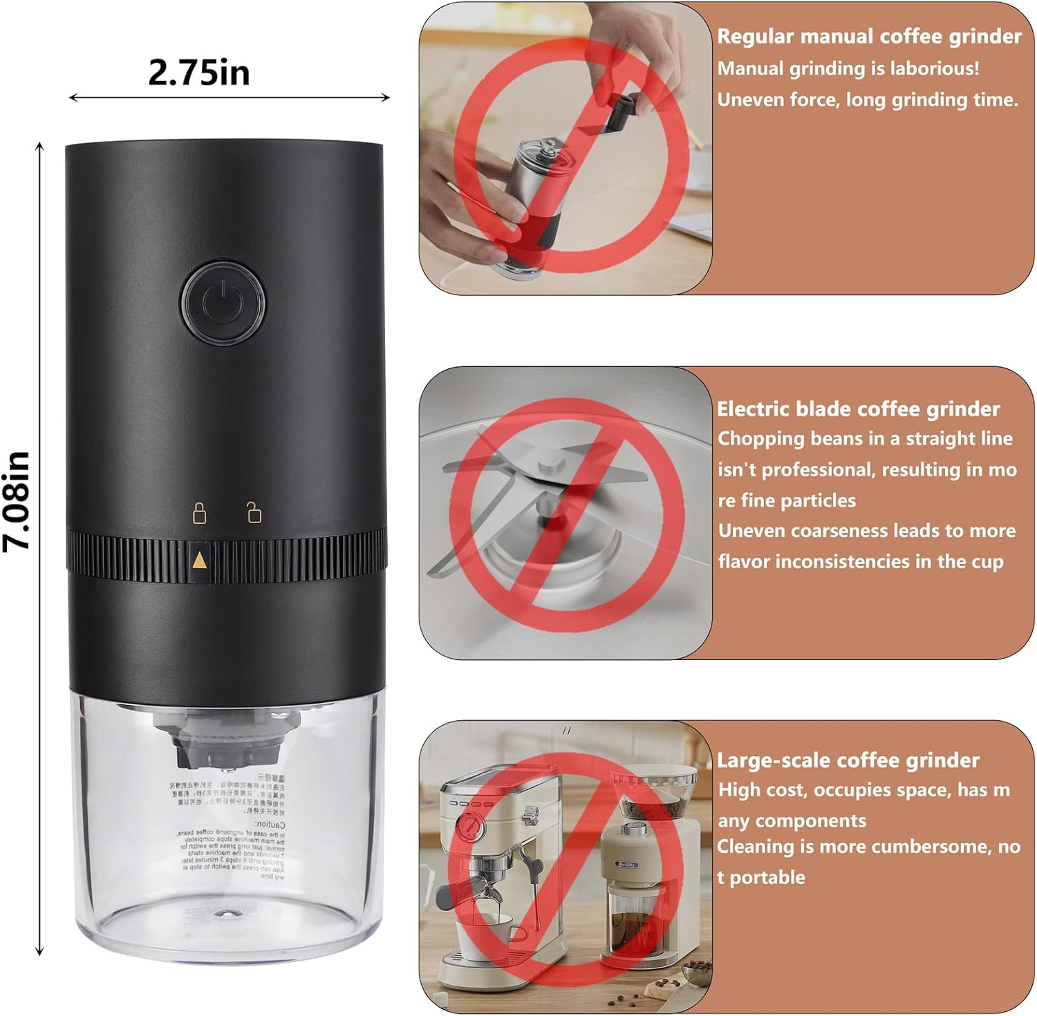 Molinillo de café portátil pequeño  Molinillo de granos de café eléctrico con múltiples ajustes de molienda para prensa francesa, infusión fría,