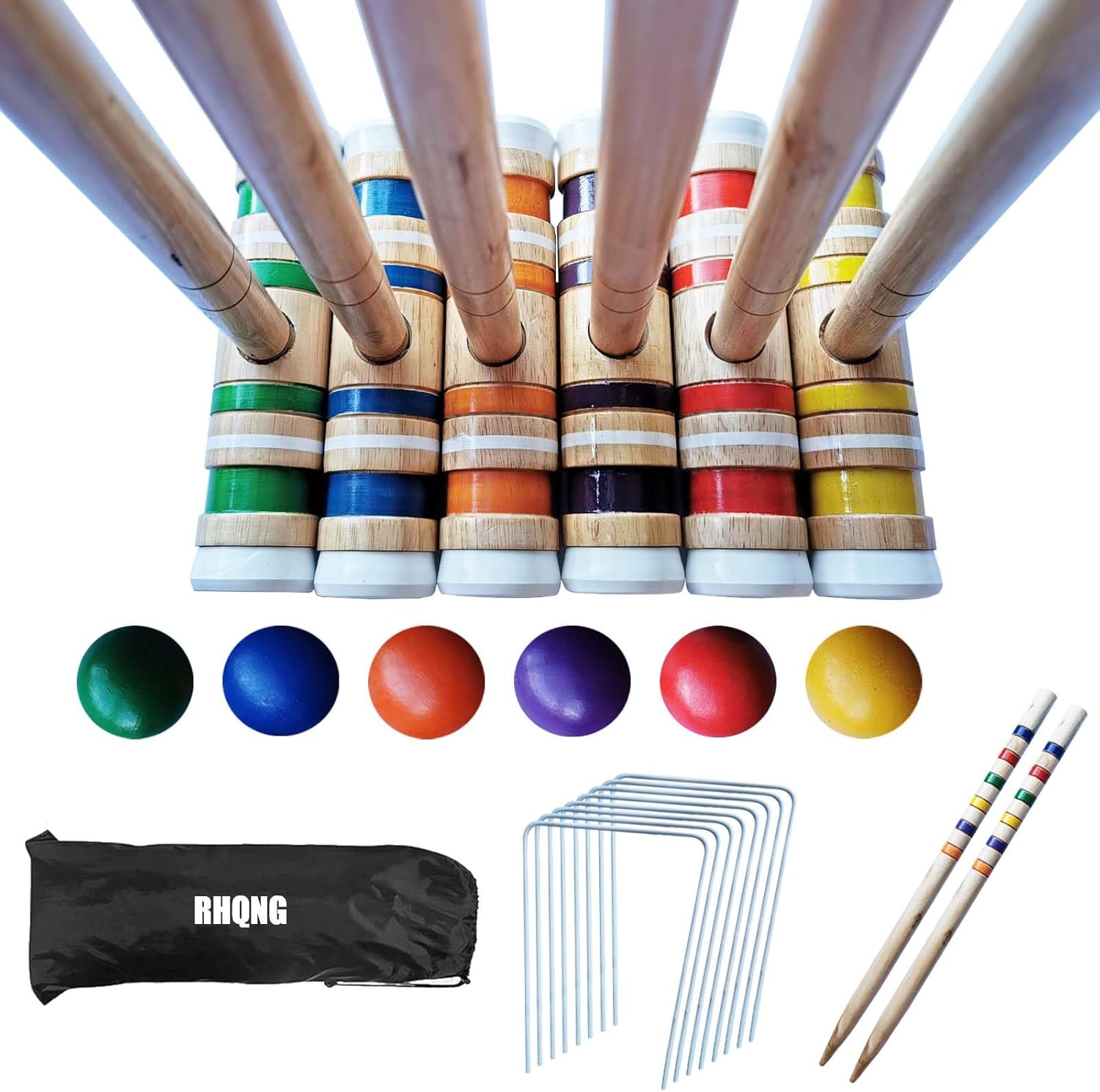 RHQNG Juego de croquet -28IN 6 jugadores de mazos de madera para niños y adultos, diversión familiar al aire libre juego deportivo de jardín –
