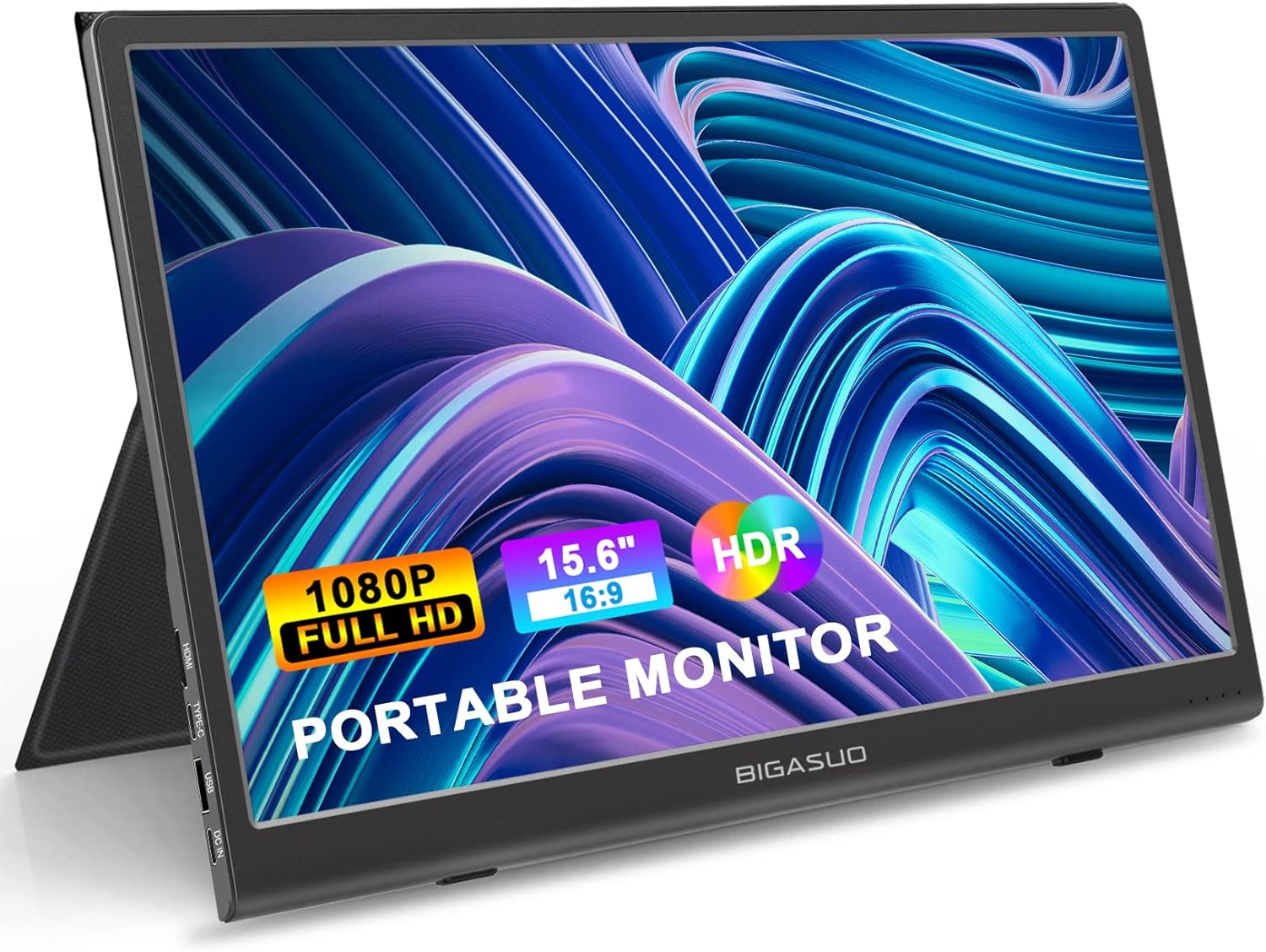 BIGASUO Monitor portátil, monitor USB-C de 15.6 pulgadas, pantalla de computadora HDMI, pantalla HDR, IPS, monitor de juegos con altavoz dual para