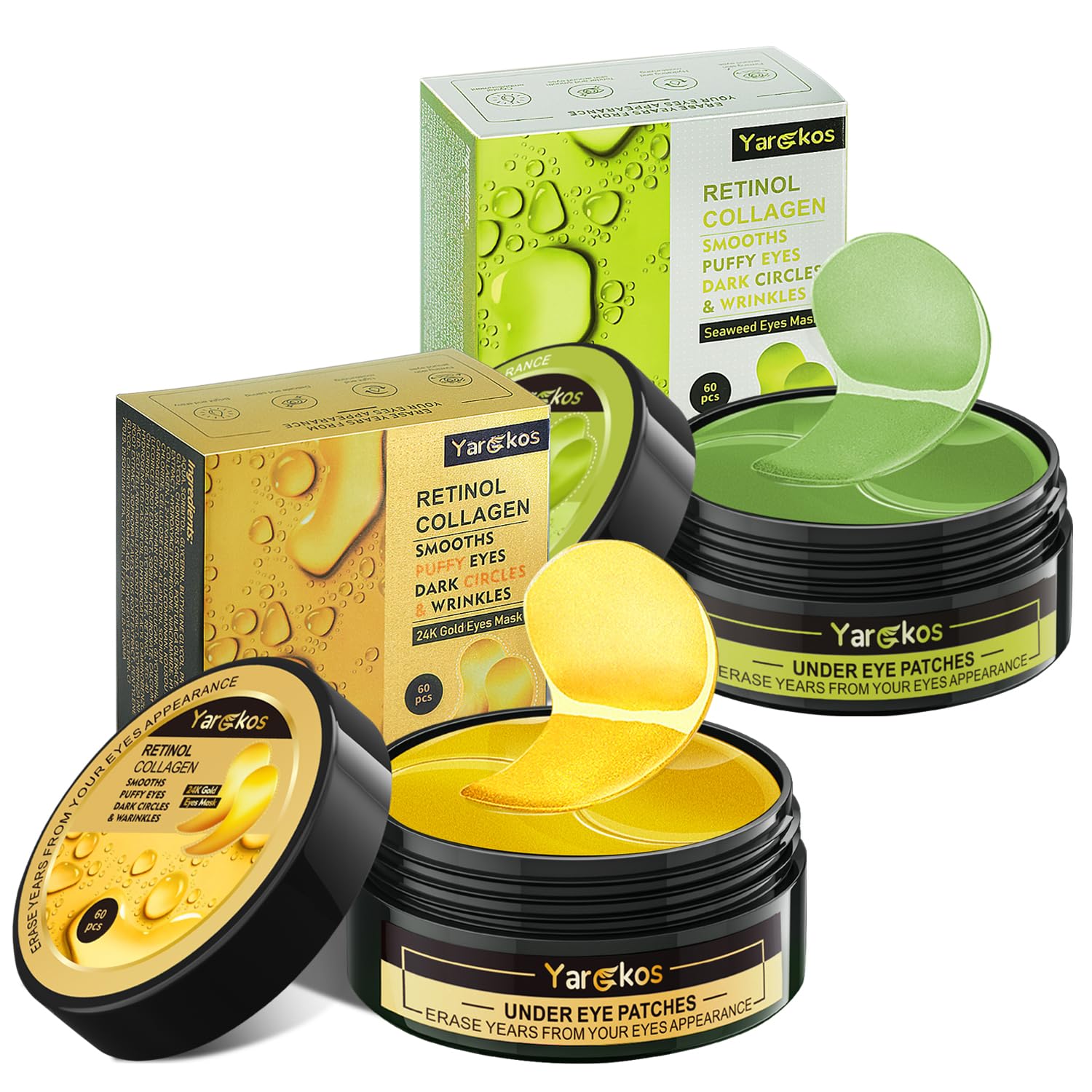 Paquete de 2 60 parches para debajo de los ojos, oro de 24 quilates + verde, 30 pares de máscaras debajo de los ojos para tratamiento de ojeras