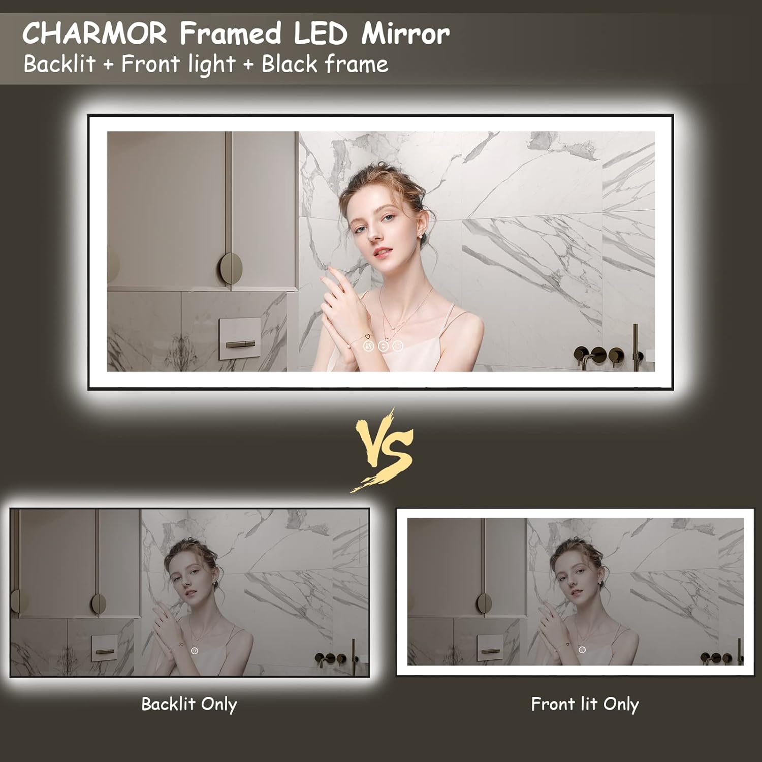 Espejo de baño LED enmarcado de 72 x 40 pulgadas, espejo de tocador grande iluminado para pared, regulable, antivaho, a prueba de roturas, memoria