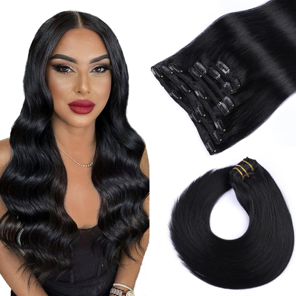 VINBAO Extensiones de cabello humano Remy negro con pinzas, color negro azabache, extensiones de cabello humano grueso con clip, 20 pulgadas, doble
