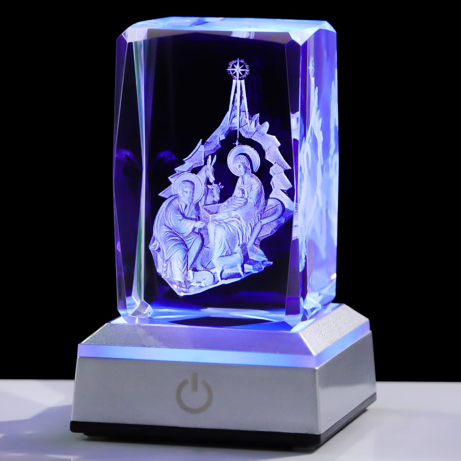YWHL Figura de cristal 3D con base de luz colorida, estatua de nacimiento del bebé Jesús grabada con láser, regalos religiosos de Navidad,