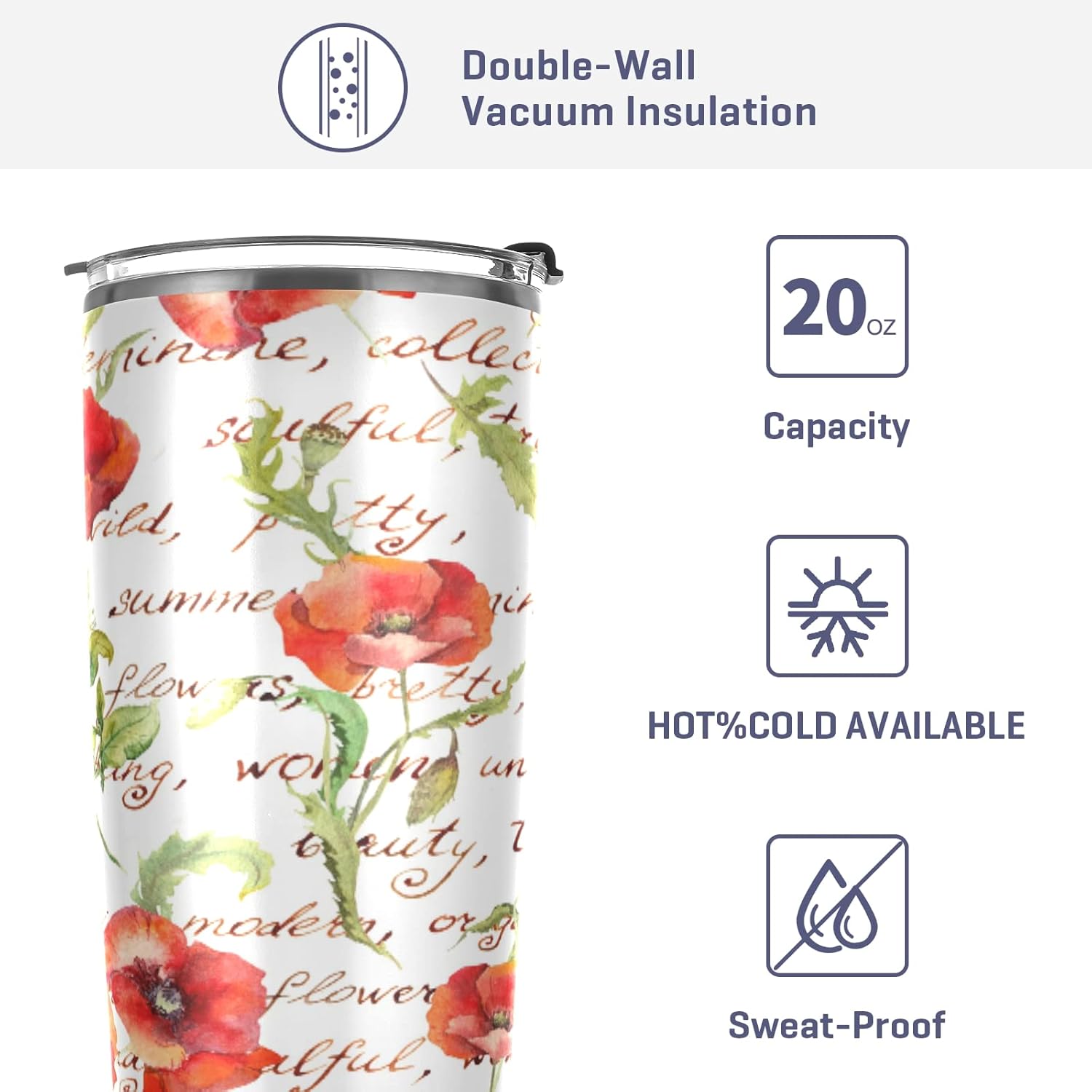 ALAZA Vintage Floral Poppy Flowers with Letters Tumbler with Lids and Straws,Reusable Stainless Steel Vacuum Insulated Tumbler Cup,Iced Coffee