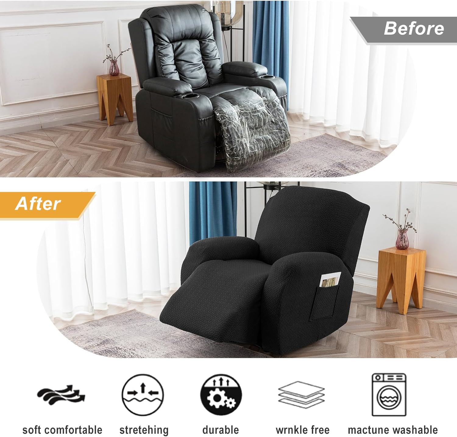 Genina Funda reclinable elástica para sofá reclinable, funda de sofá para sofá reclinable, protector de muebles de jacquard grueso, lavable (negro,