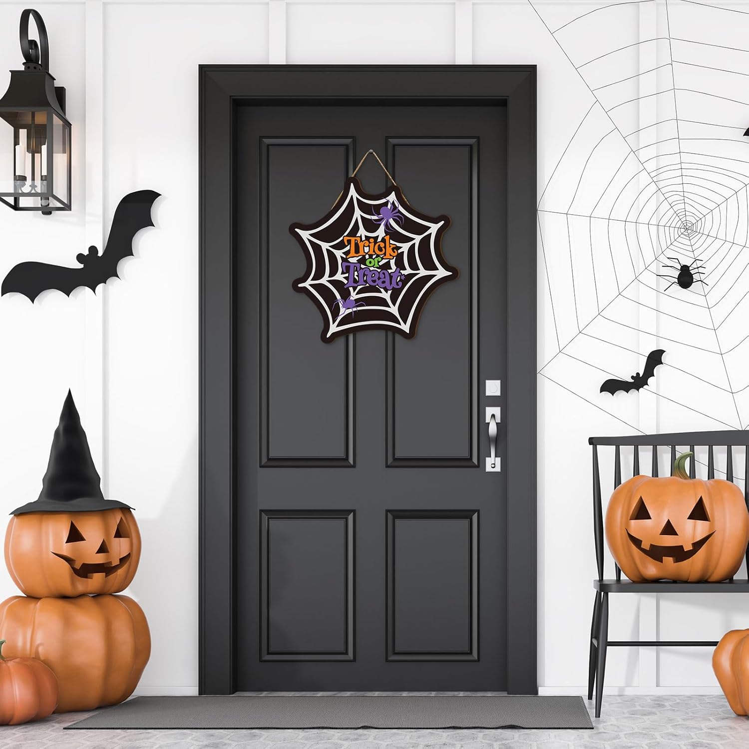 Whaline Letrero colgante de madera con diseño de telaraña de Halloween, diseño de truco o trato, corona de bienvenida, decoración de Halloween,
