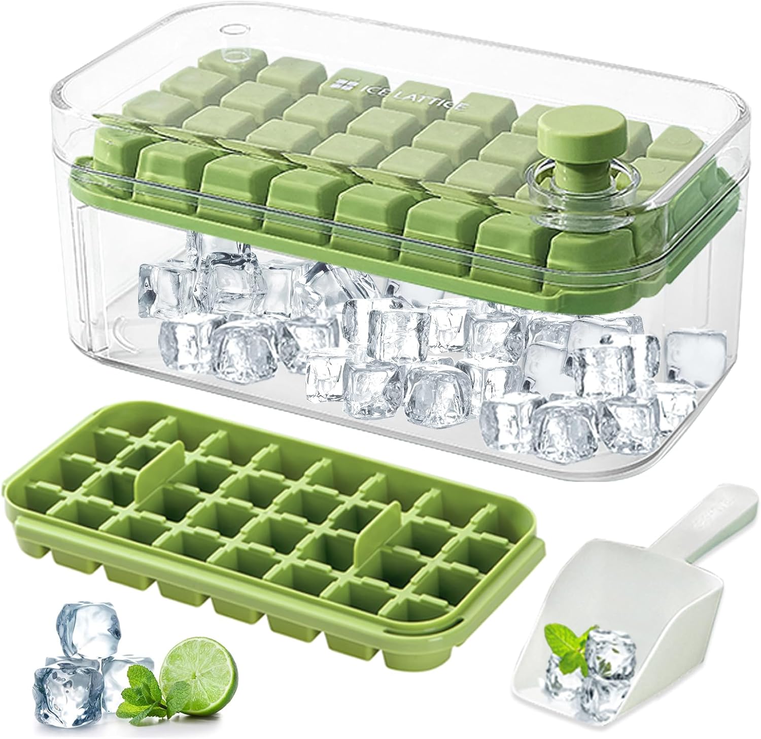 Bandeja para cubitos de hielo con tapa y contenedor, paquete de 2 bandejas de cubitos de hielo para congelador, 64 cubos de hielo, fácil de usar,
