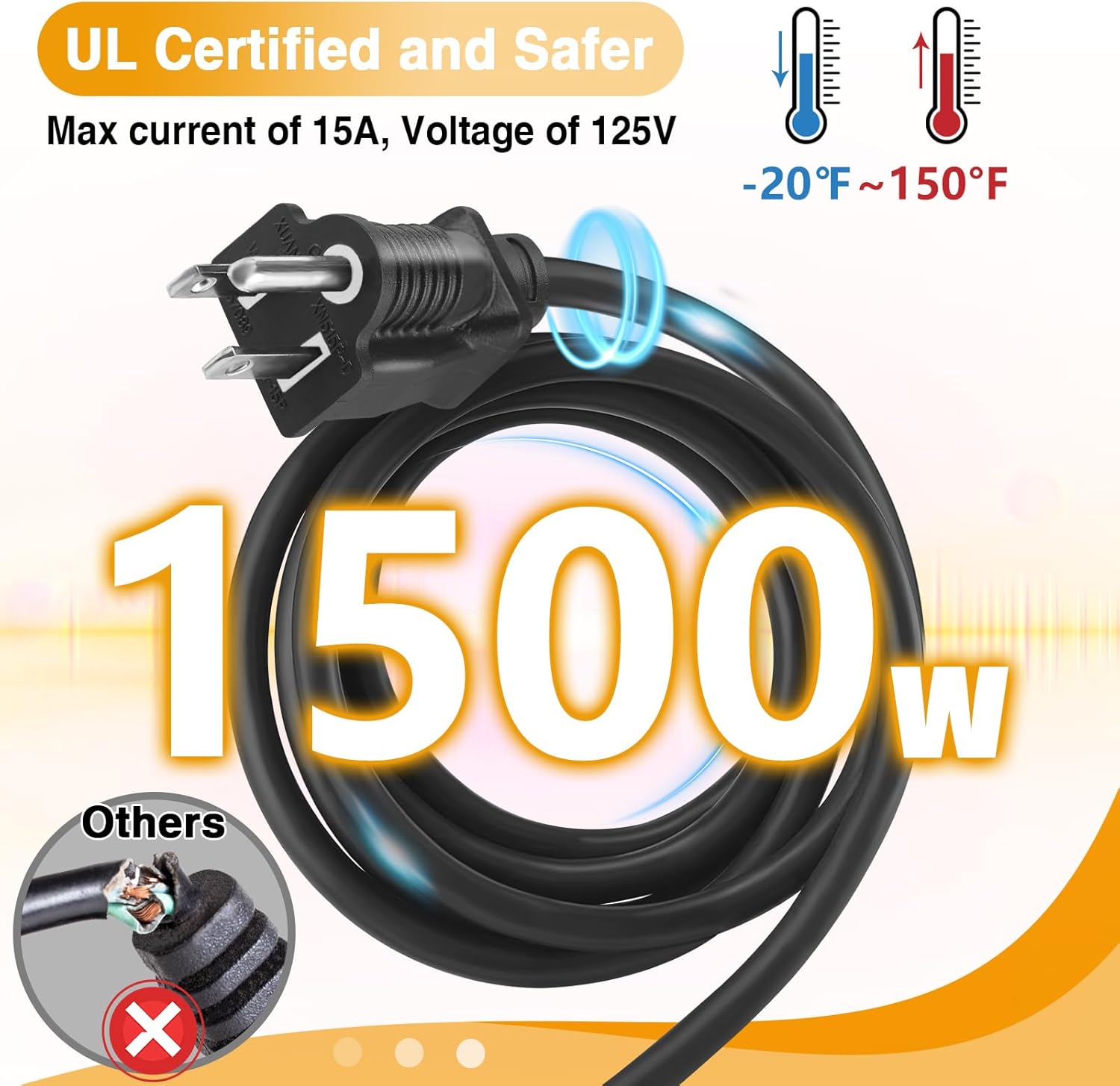 Cable de extensión impermeable de 50 pies con 6 tomas, divisor de alimentación para exteriores de alta resistencia, certificado UL, más seguro,