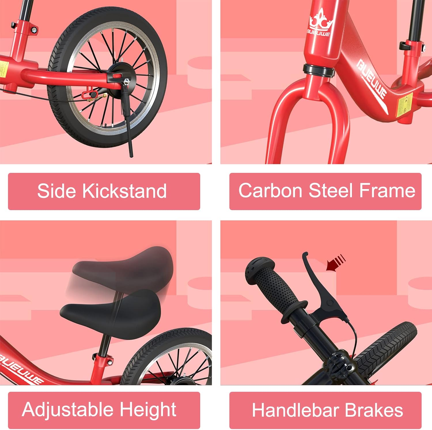 Bicicleta de equilibrio de 1416 pulgadas para niños y niñas de 3, 4, 5, 6, 7, 8 años, bicicleta de entrenamiento sin pedal con frenos y soporte,