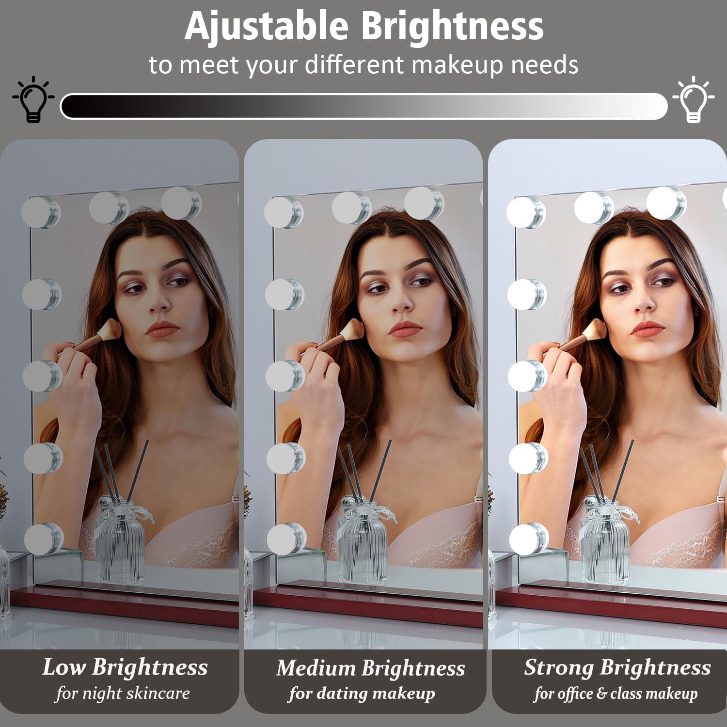 AMST Hollywood Espejo de tocador con luces, espejo de maquillaje iluminado con 15 bombillas LED regulables, espejo cosmético montado en la mesa o en