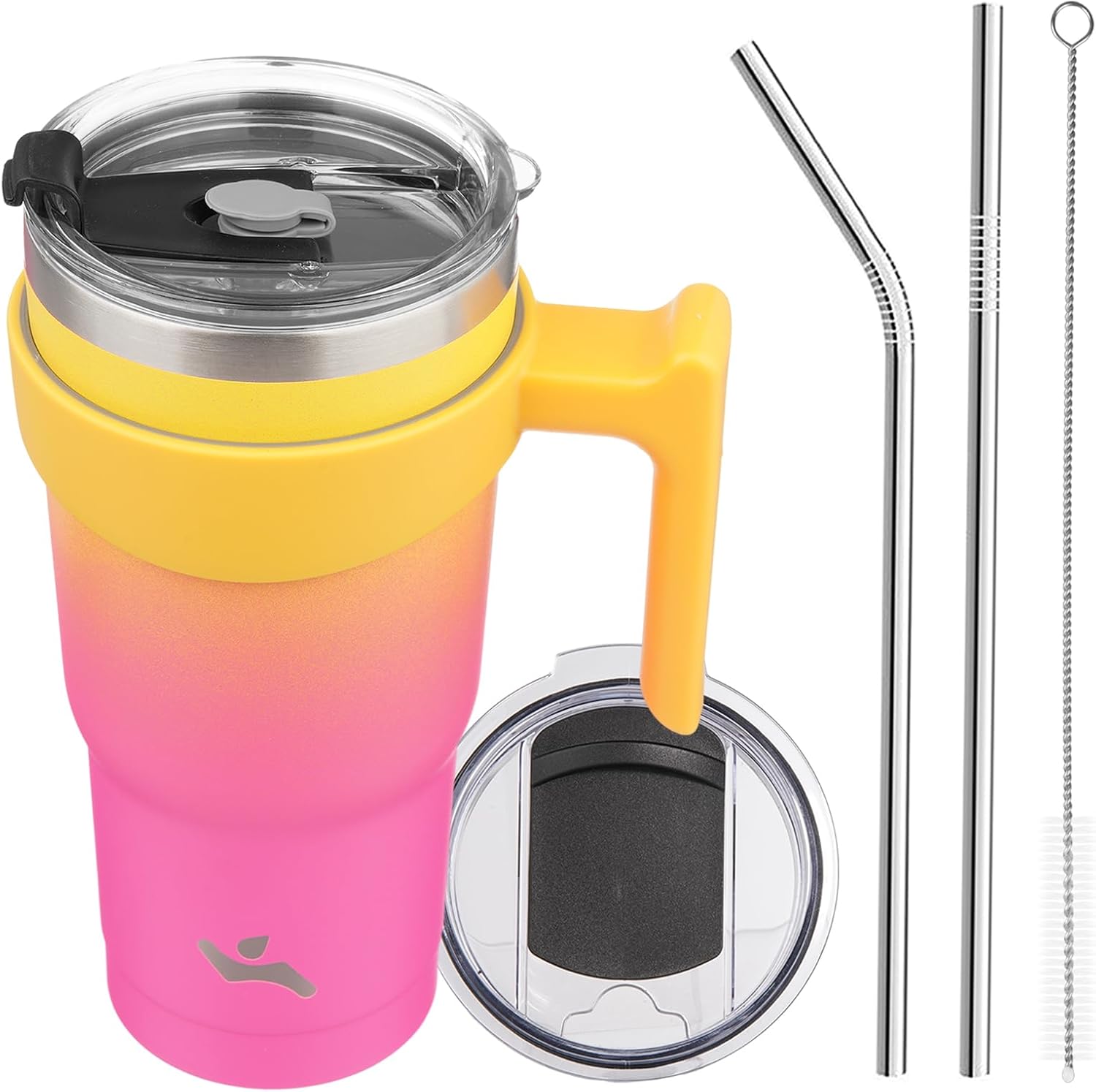 Vaso de 20 onzas con asa y 2 pajillas, 2 tapas, botella de agua aislada de acero inoxidable al vacío, taza de viaje reutilizable, arcoíris