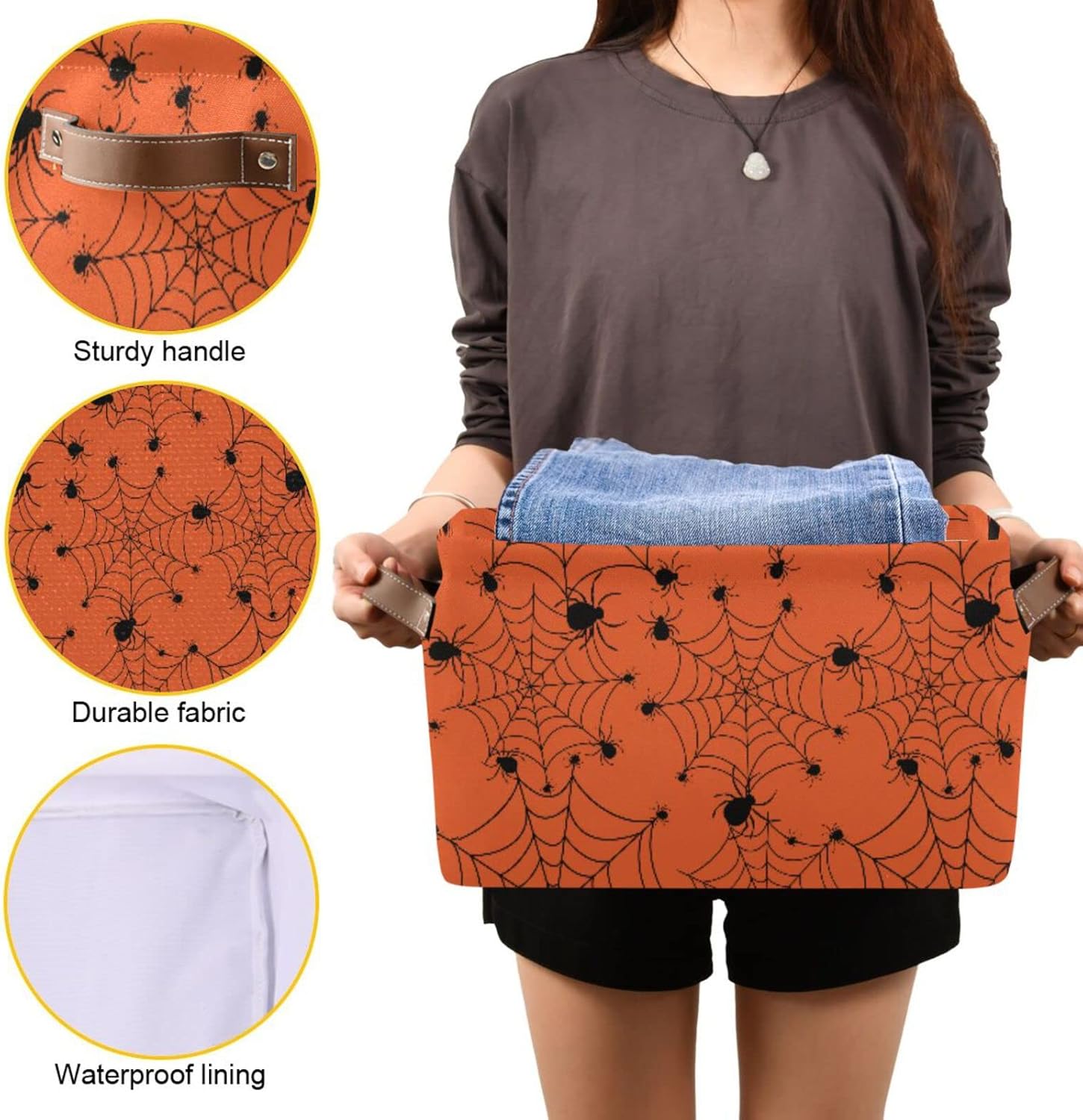 ALAZA Caja de almacenamiento plegable de tela de araña de Halloween, color naranja, cesta organizadora con asas para estantes, armario, sala de