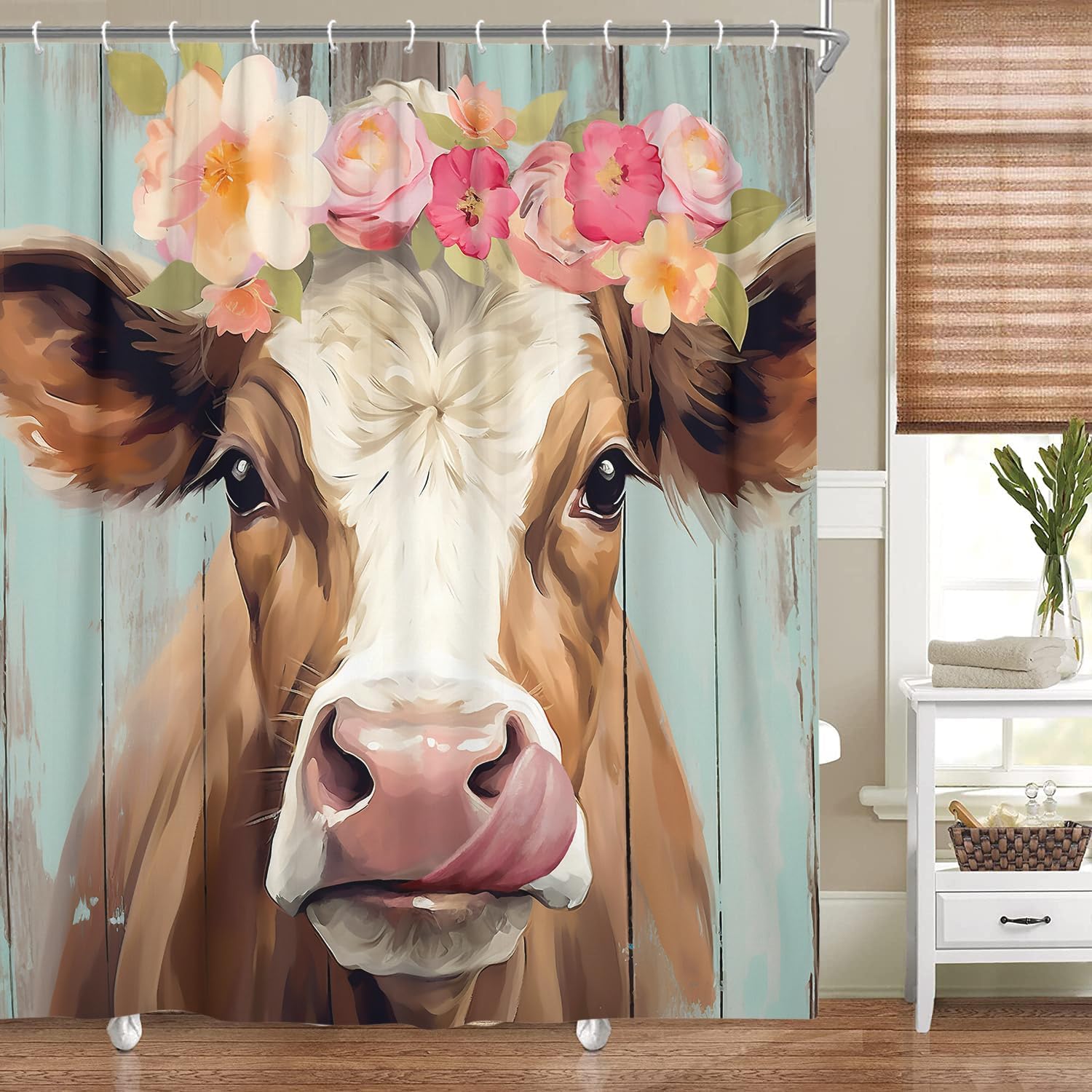 JAWO Cortina de ducha de vaca de granja para baño, bonito juego de cortinas de ducha de tela de granja rústica sobre madera, divertidos accesorios
