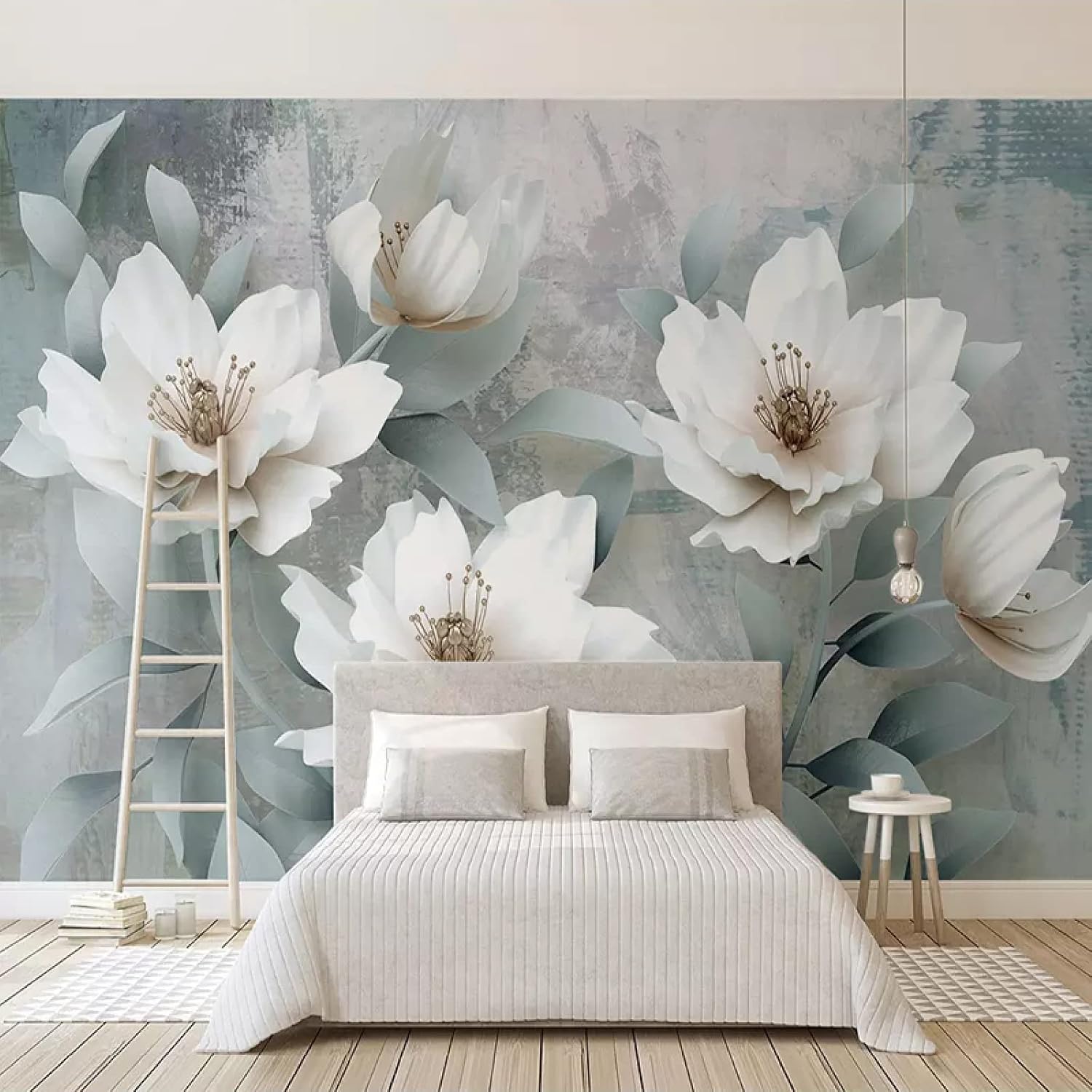 Mural de pared retro de magnolia blanca 3D, papel tapiz autoadhesivo autoadhesivo extraíble para decoración del hogar, fondo grande, pintura de
