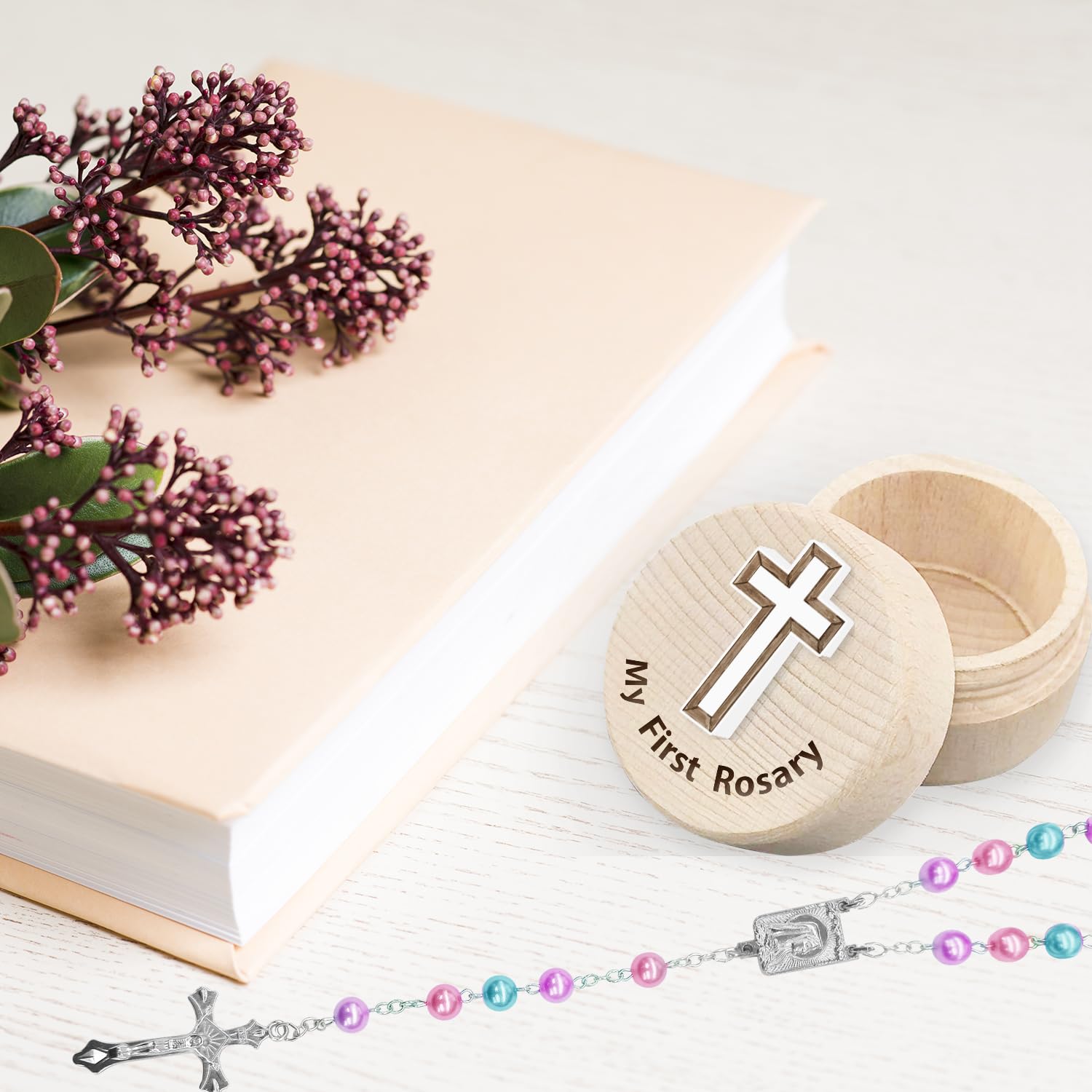 Regalos de bautismo católico, mi primer rosario y caja de recuerdo, juego de rosario, cuentas de rosario multicolor católicas para hombres, mujeres