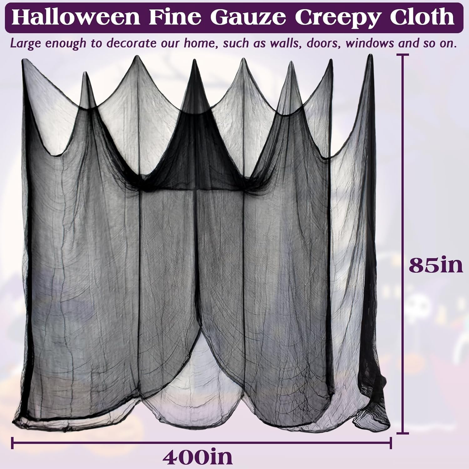 Halatool Tela espeluznante de Halloween de 85 x 400 pulgadas, gasa negra de gran tamaño, para colgar en casa embrujada, decoración de Halloween,