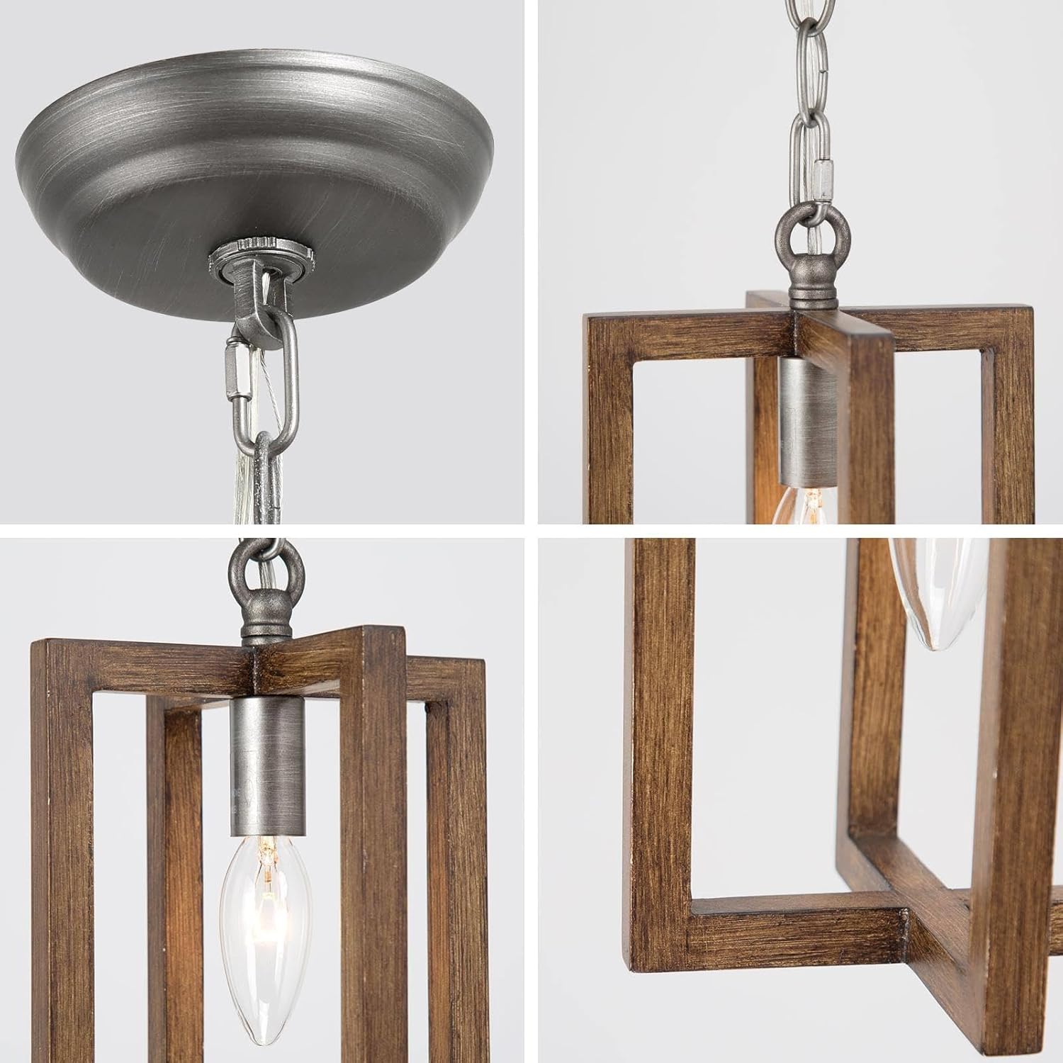 Iluminación colgante de granja, lámpara colgante de metal rústico vintage con acabado cepillado de madera y plata para isla de cocina, comedor,