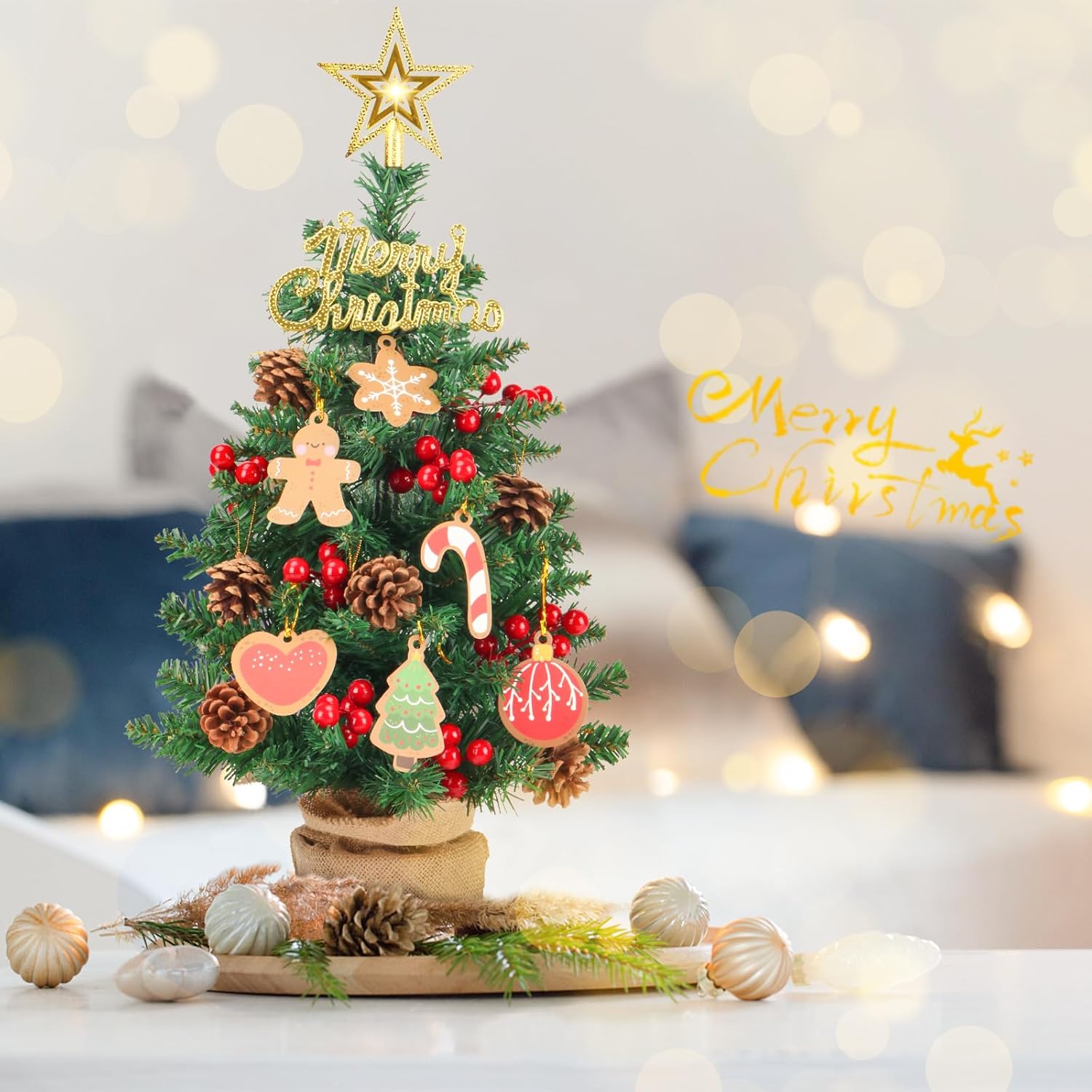 Mini árbol de Navidad artificial con luces, árboles de Navidad de mesa de 22 pulgadas, 65 puntas de rama, pequeños árboles de Navidad con adornos