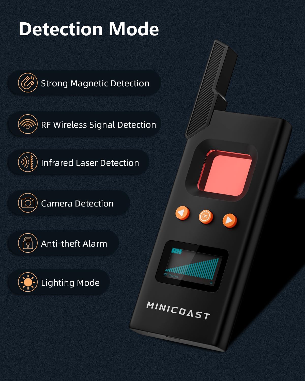 MINICOAST MAX M12 – Detectores de cámara oculta, detector anti espía de alta sensibilidad con alarma antirrobo, 6 modos profesionales, detector de