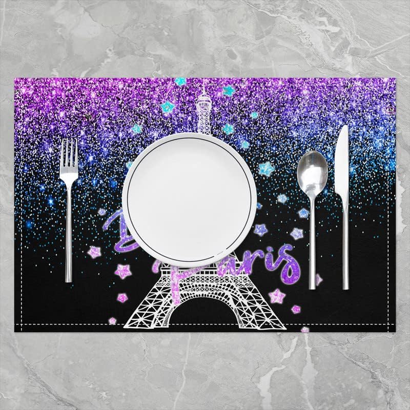 Juego de 4 manteles individuales de torre Eiffel para mesa de comedor, con purpurina, para niños, decoración de cocina, cena, decoración de