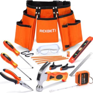 REXBETI Juego de herramientas de construcción joven de 18 piezas con herramientas de mano reales, cinturón de herramientas reforzado para niños, REXBETI Juego de herramientas de construcción joven de 18 piezas con herramientas de mano reales, cinturón de herramientas reforzado para niños,