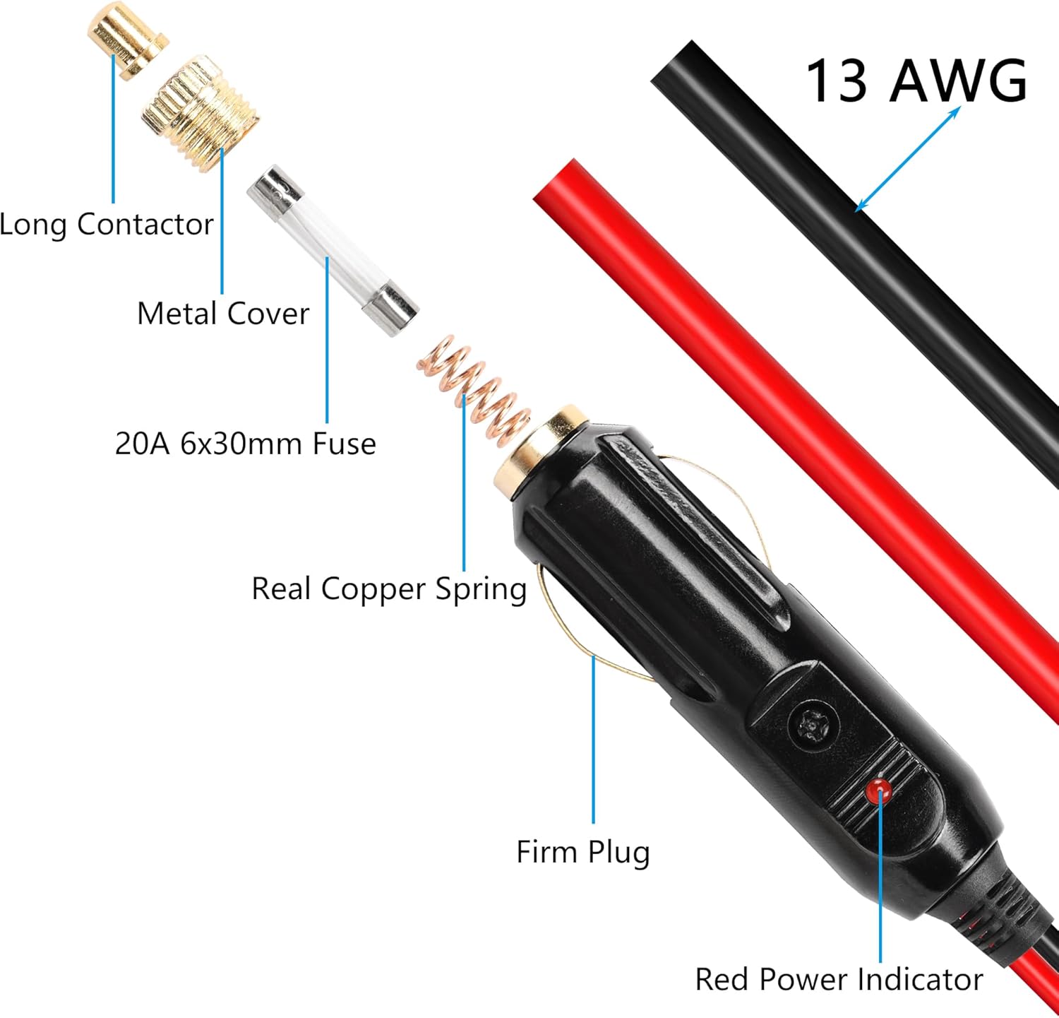 CERRXIAN Cable de enchufe macho para encendedor de cigarrillos, repuesto de 12 V, con fusible de 20 A, cable de cola estañado de 13 AWG, 6.6 ft6.5