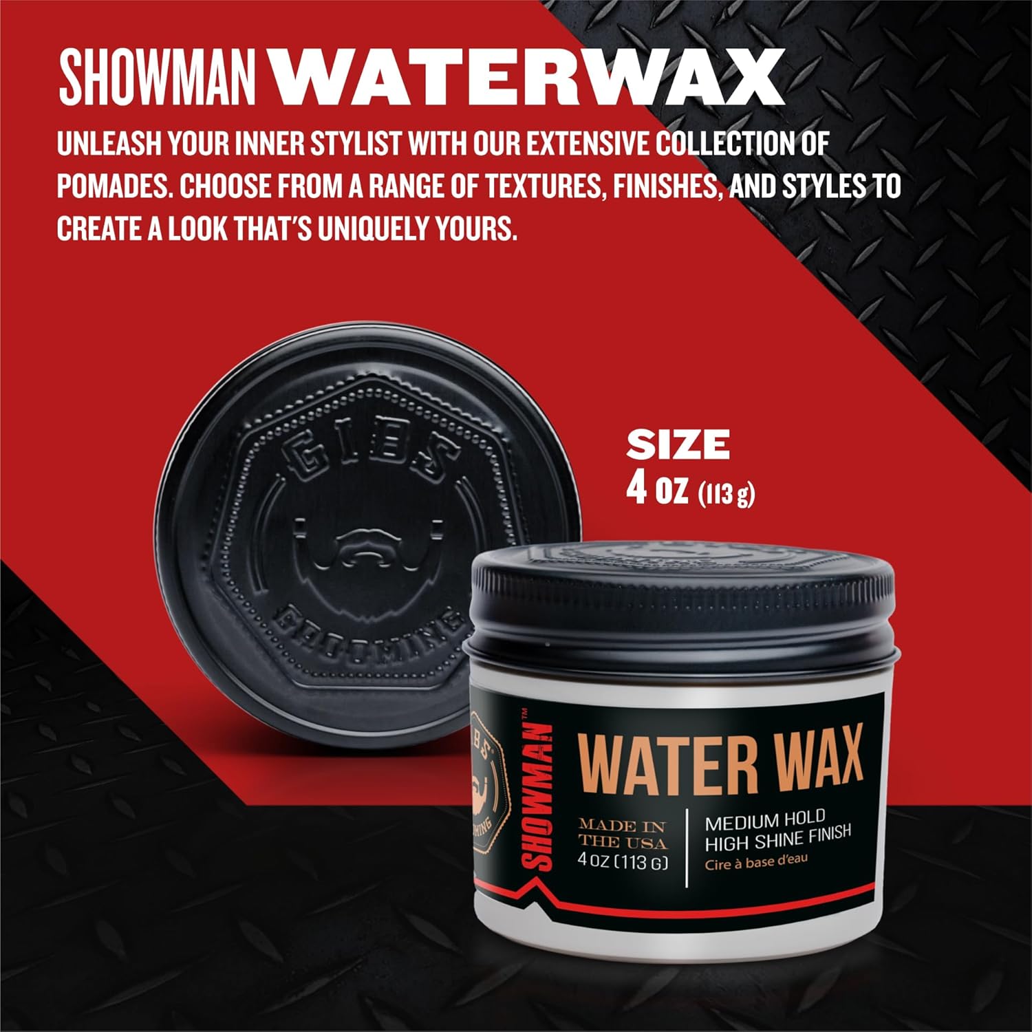 GIBS Cera de agua, SHOWMAN-fijación media, brillo saludable, a base de agua, hecha en Estados Unidos, 4 onzas