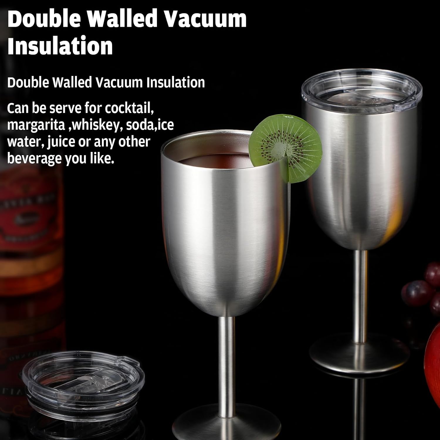 Photect Paquete de 6 copas de vino de acero inoxidable con tapa, 10 onzas, doble pared aislada, copas irrompibles con popote para beber y cepillo