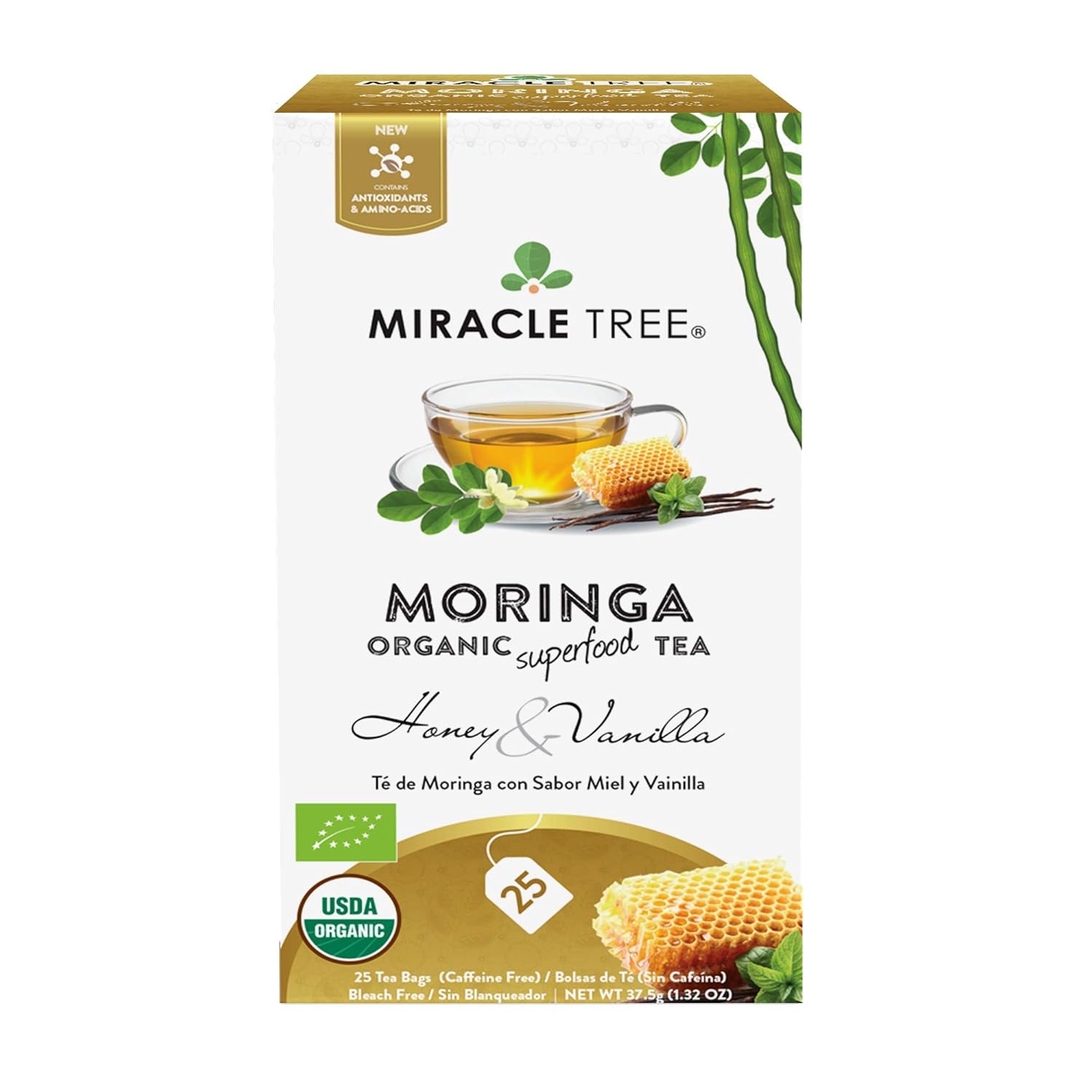 Miracle Tree – Té de moringa orgánico, superalimento, 25 sacos de té individuales sellados.